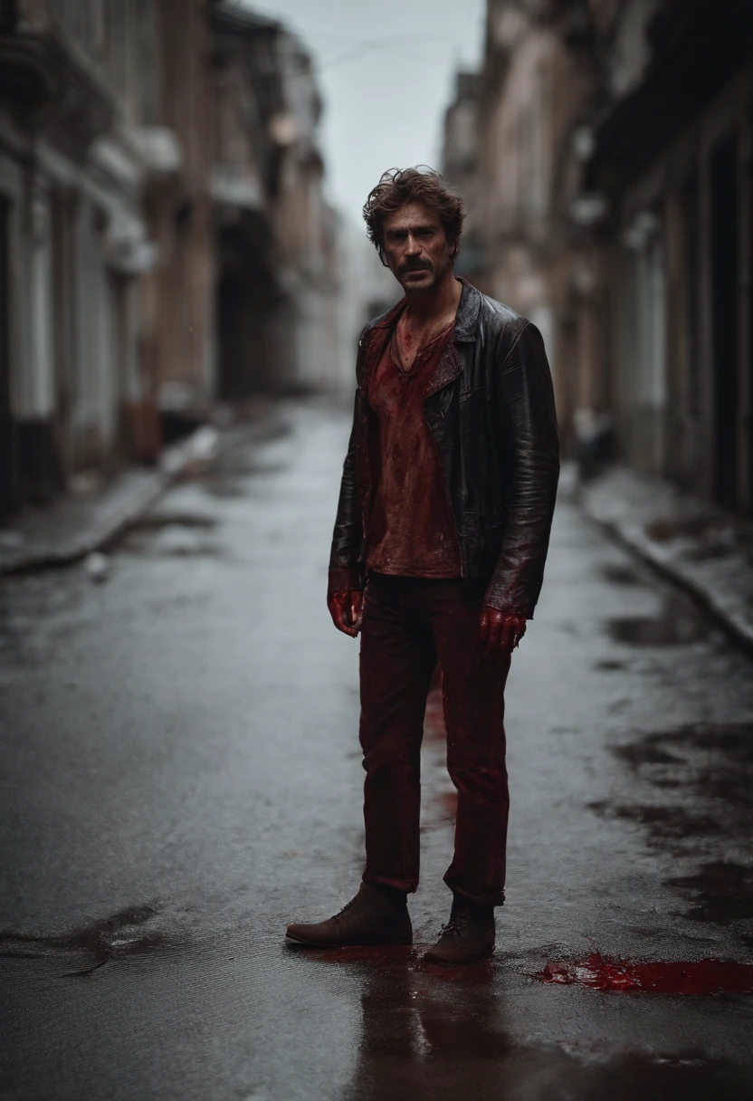 A terrified man,Covered in blood,Standing on the street with unkempt hair,Full body photo