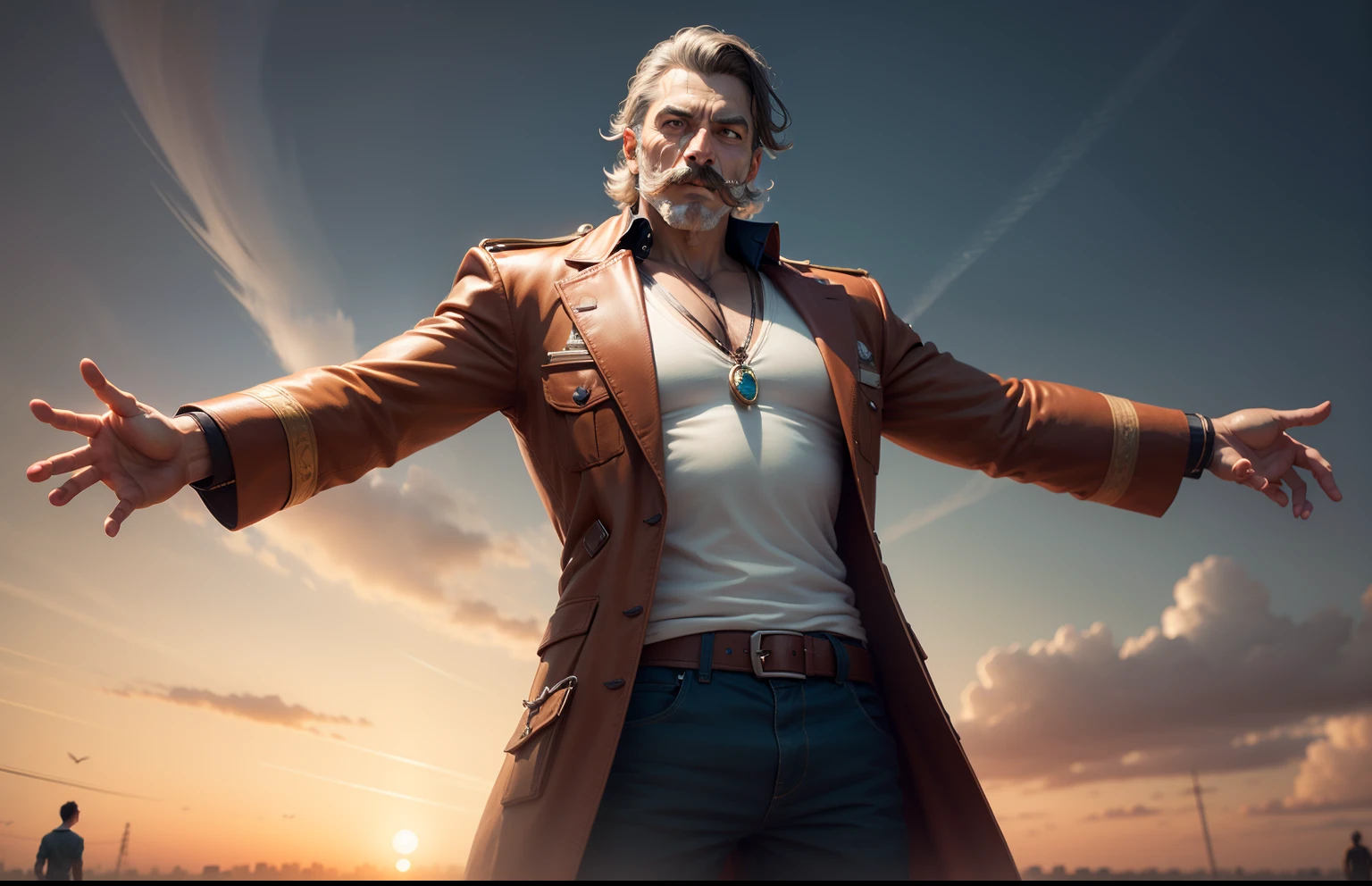 a man standing, with a mustache and with open arms, no fundo com criptomoedas, 8 K, maxwell ,vfx