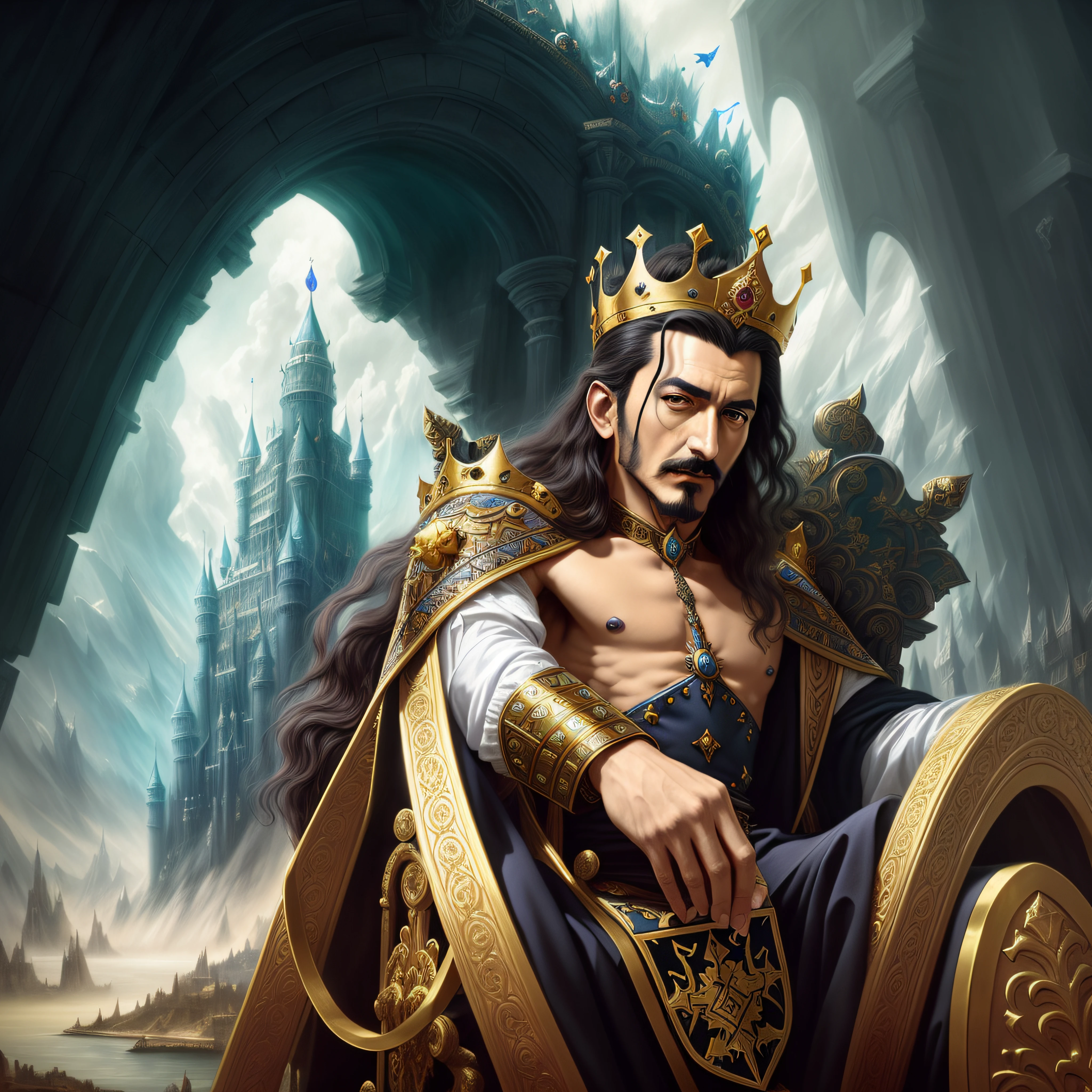 there is a man Salvador Dali in a crown sitting on a throne, medieval old king, portrait of a king, fantasy art behance, portrait of emperor of mankind, portrait of medieval old king, fantasy card game art, epic fantasty card game art, portrait of a medieval old king, by Arthur Pan, great king Salvador Dali