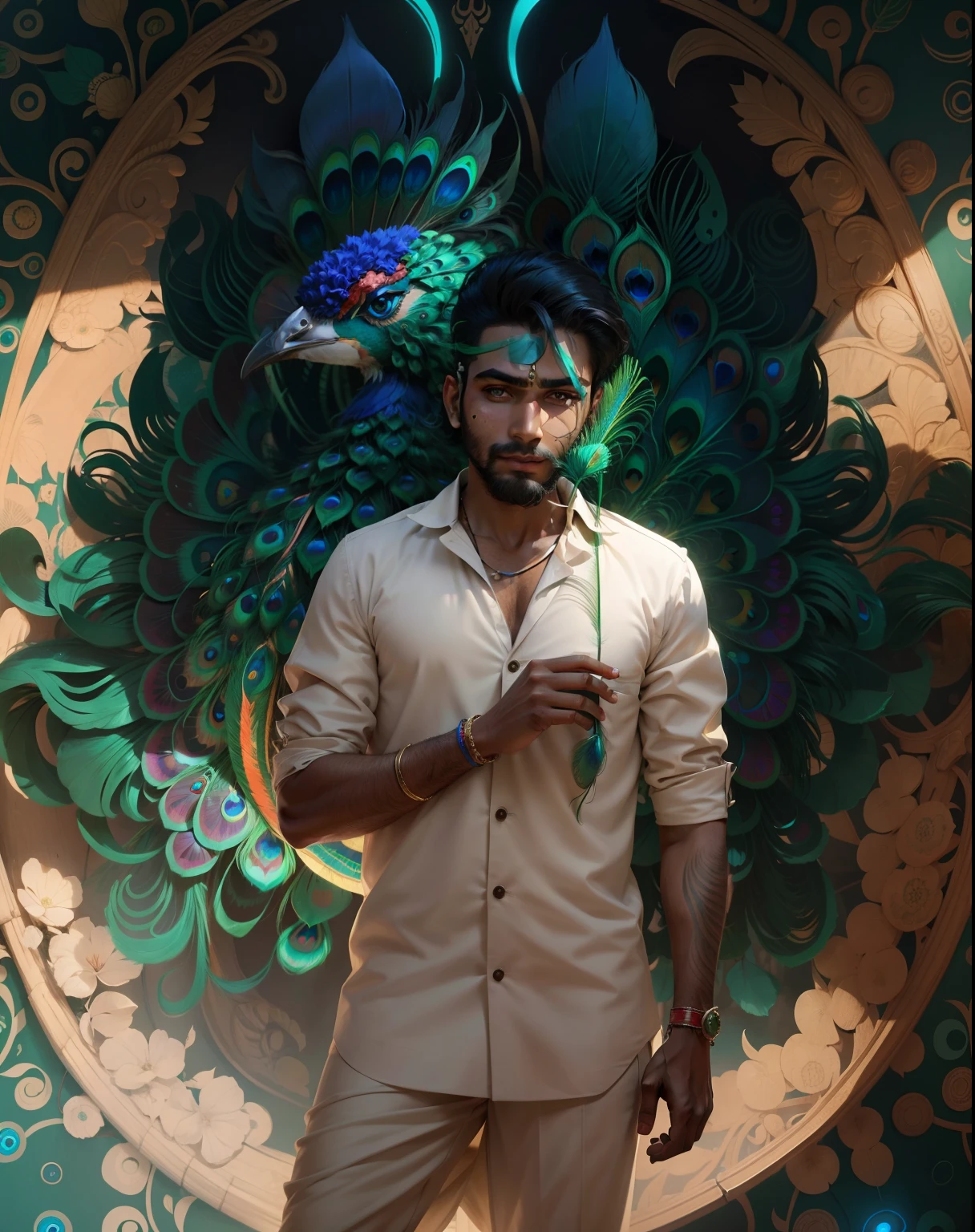 Futuristic,Peacock feather in hand, Indian boy, high quality, ultra high quality, 8k,