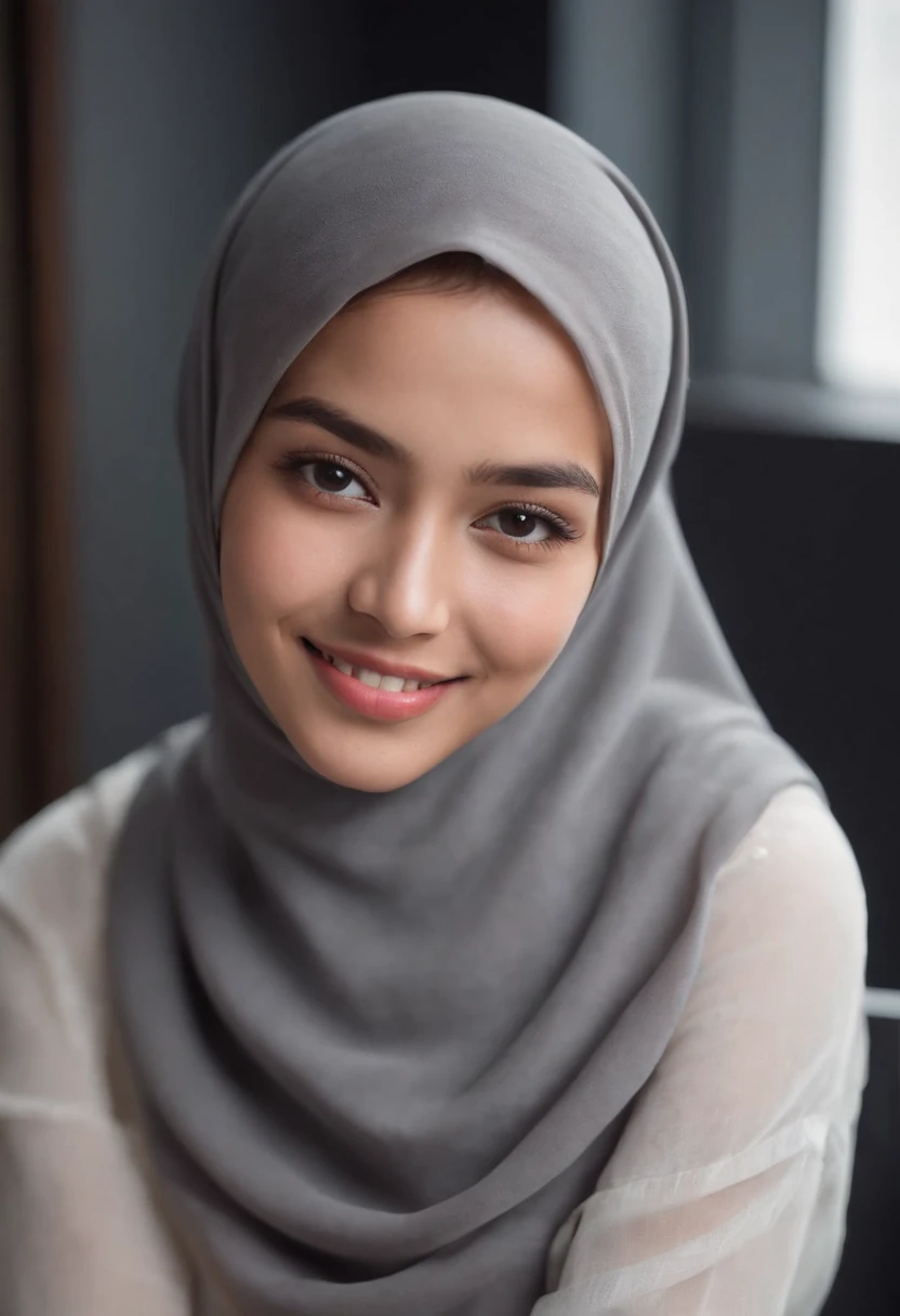 a photo portrait of a beautiful young malay girl with hijab and few soft freckles, mole below eyes, detail skin texture, smile, (plain pastel white hijab), (face portrait:1.3), dramatic light , Rembrandt lighting scheme, (hyperrealism:1.2), (8K UHD:1.2), (photorealistic:1.2), shot with Canon EOS 5D Mark IV, detailed face, detailed skin texture, 35mm, over-the-shoulder shot,cool-toned color grading, Deep Focus cinematography effect, Natural Lighting, high quality, ultra detail, 8k resolution,