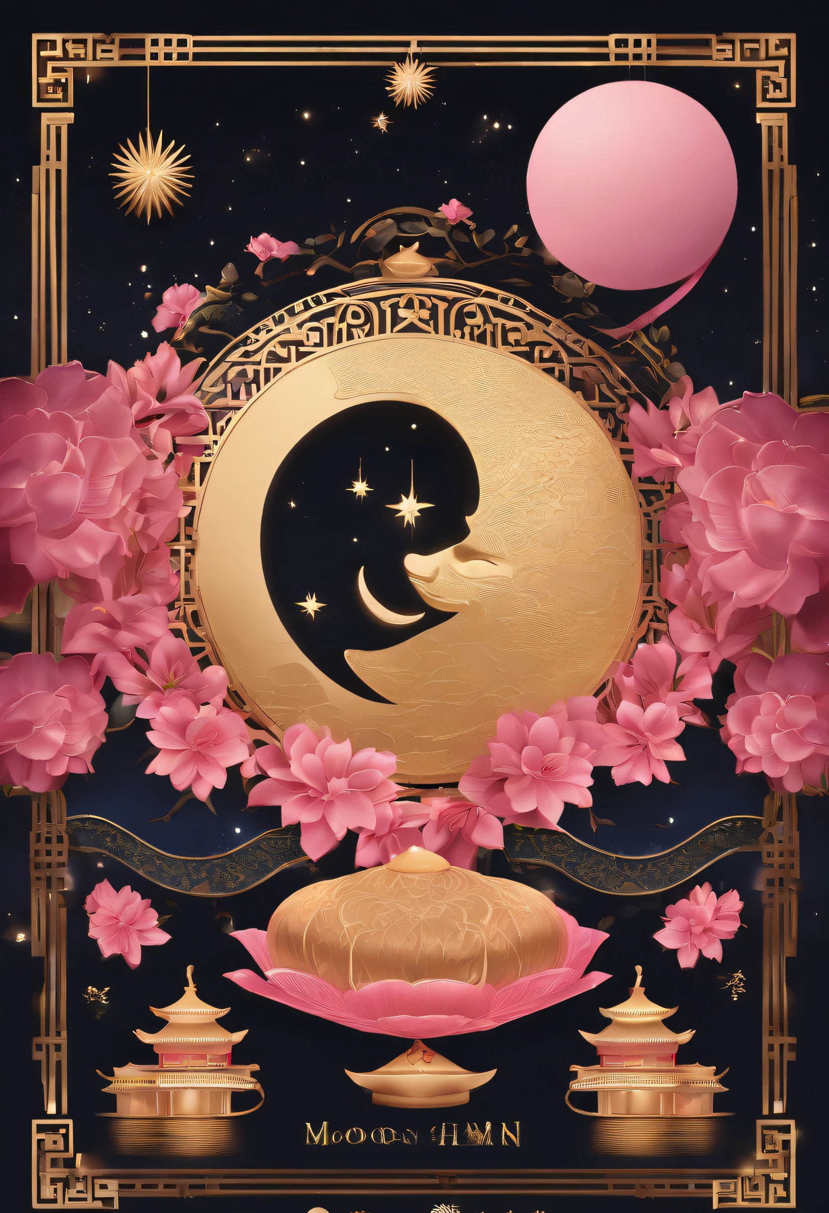 Moon，Moon icon，Two-dimensional style，mid-autumn festival，Moon cake，Gift ribbons，Pink light bar,No Man，No Man