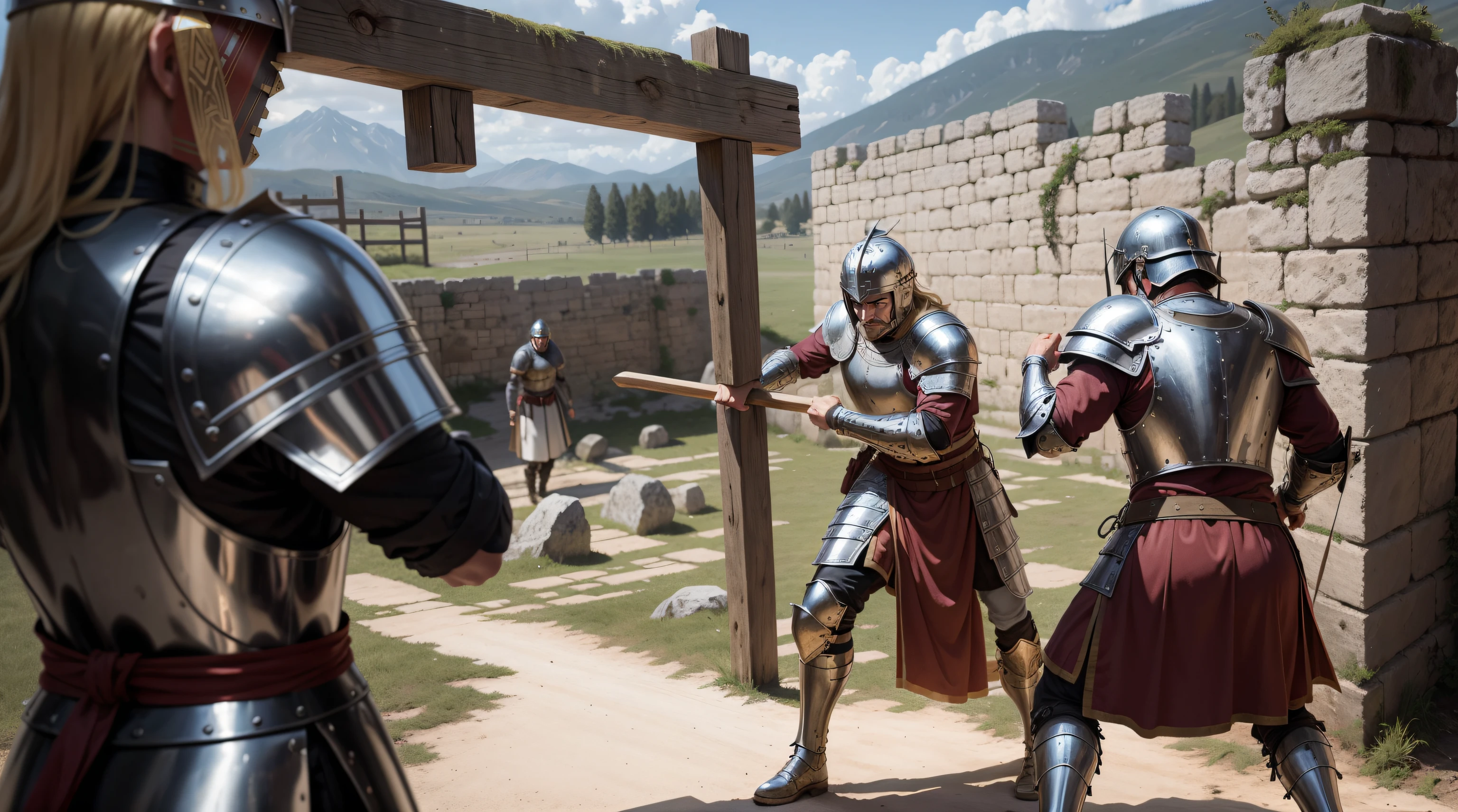 Roman soldiers in laminated armor destroying a wooden gate on a stone wall