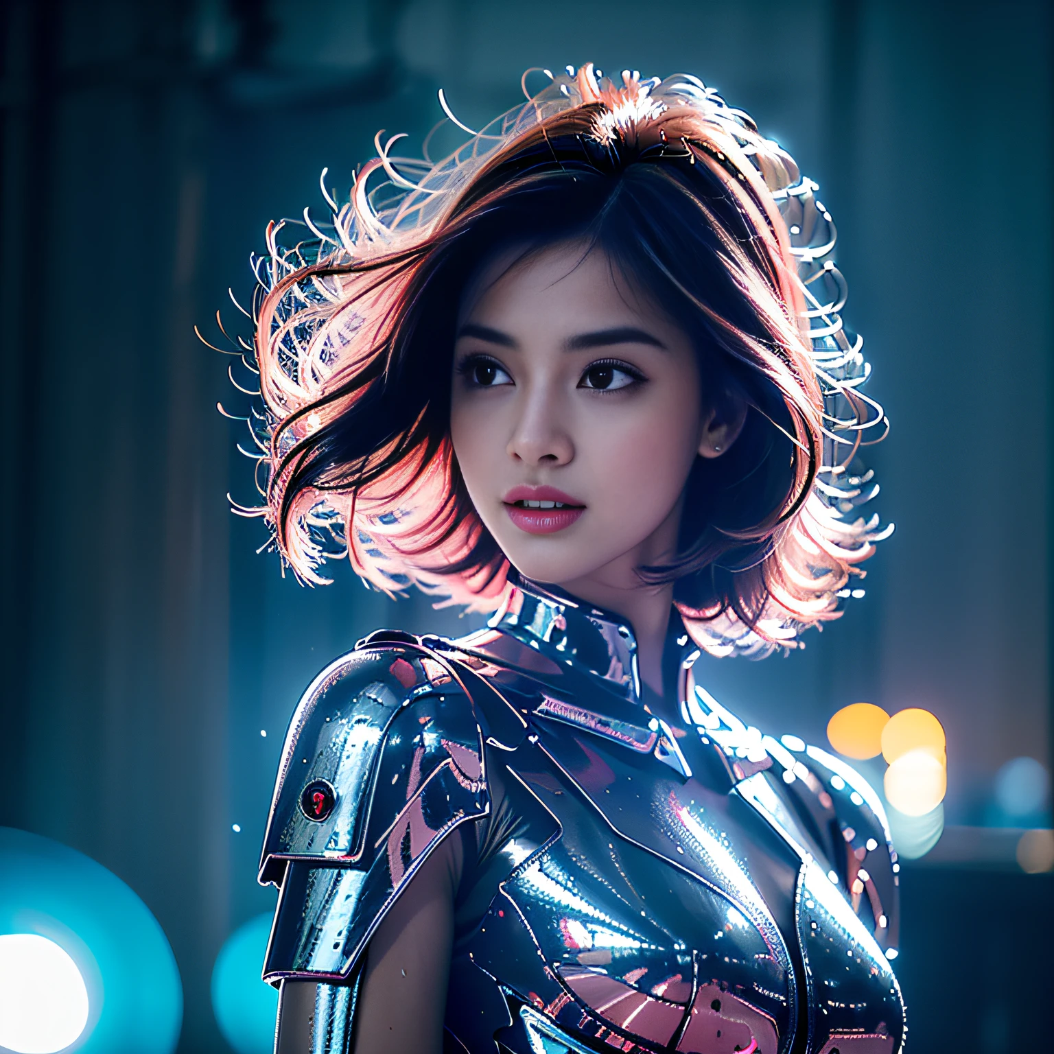 "obra-prima, melhor qualidade, 1garota, com cabelo rosa, Mecha, beautiful lighting, bright neon light: 1.2, unforgettable mysterious night: 1.5"