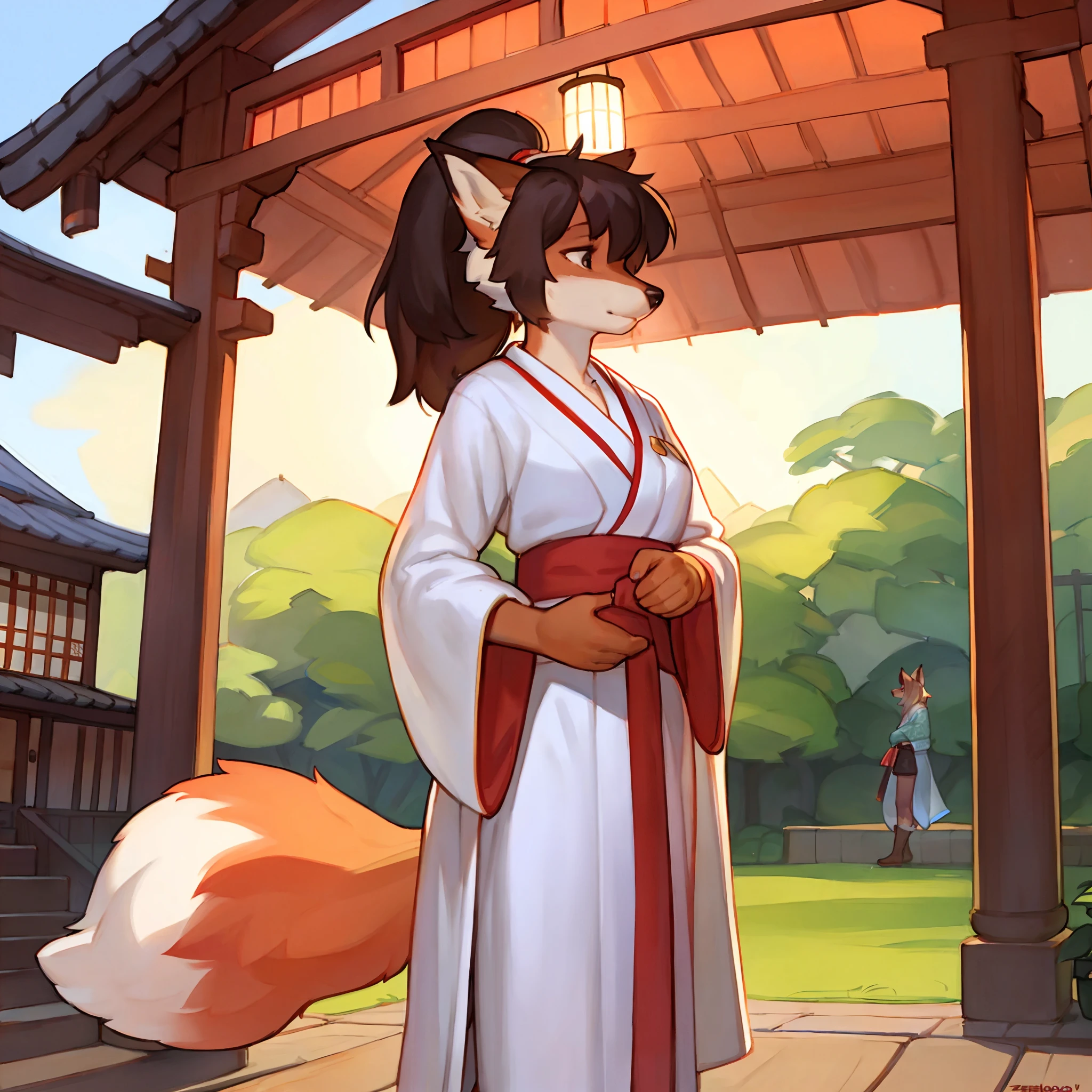 By chelodoy, by zaush, by bebebebebe, by spuydjeks, by meesh, by bigcozyorca, solo, female, fox, vulpine, (snout, hair), long hair, ponytail, Kanzashi, white fur, red elements to fur, tail, standing, white kimono, full kimono, lithe body, slim body, Japanese village.