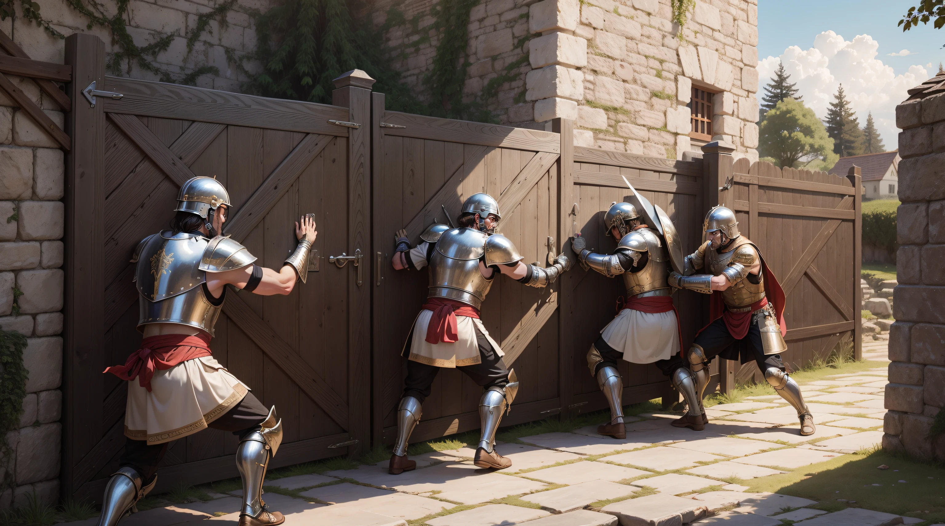Roman soldiers in laminated armor destroying a wooden gate on a stone wall