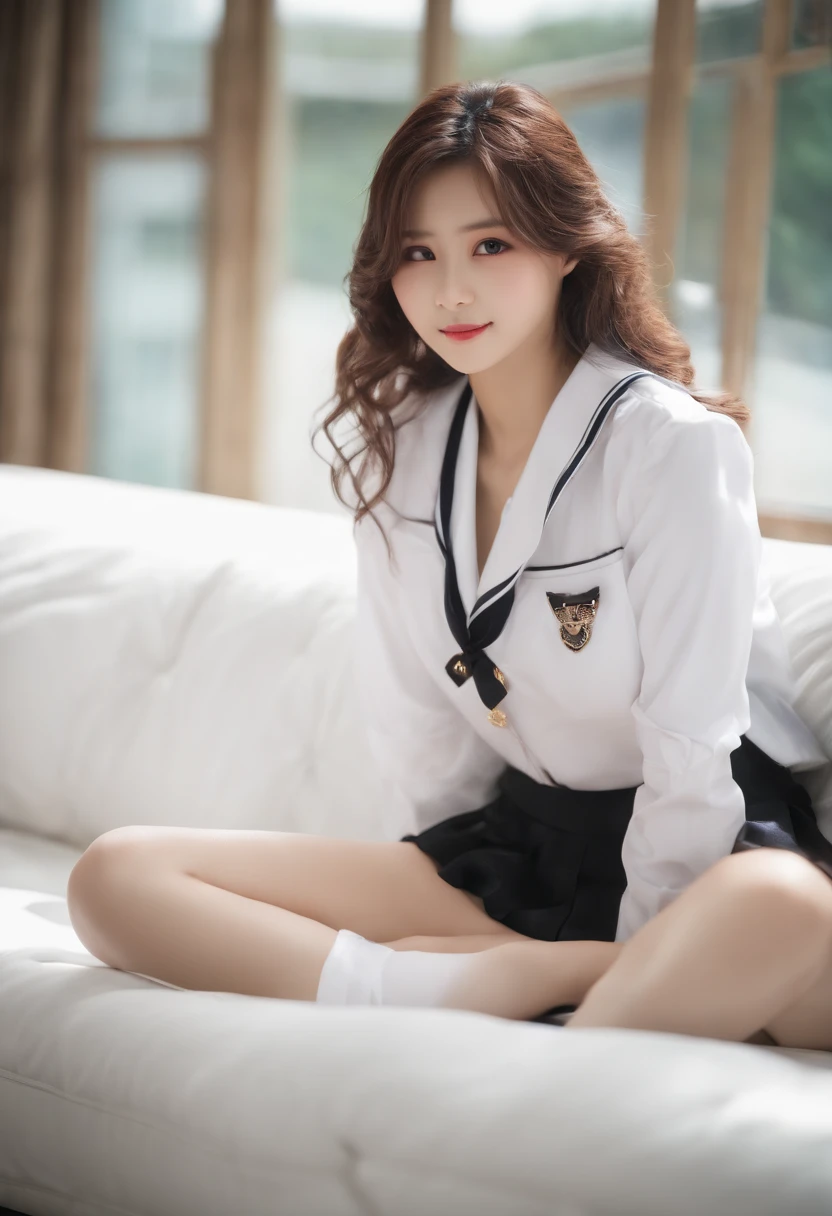 ((最高品質, 11, master-piece: 1.3)), crisp focus: 1.2, A beautiful woman with a perfect body.: 1.4, Slender abs: 1.2, ((Long wavy hair)), ((small: 1.4)), ((K-pop idol: 1.3)), ((sweaty: 1.4)), (((High School Uniform 1.5)), (White sofa), Highly detailed face and skin, highly detail eyes, 二重まぶた, ((posture)), (enchant)), Wet and glossy skin, ((heat: 1.6)),Wear cat ears..