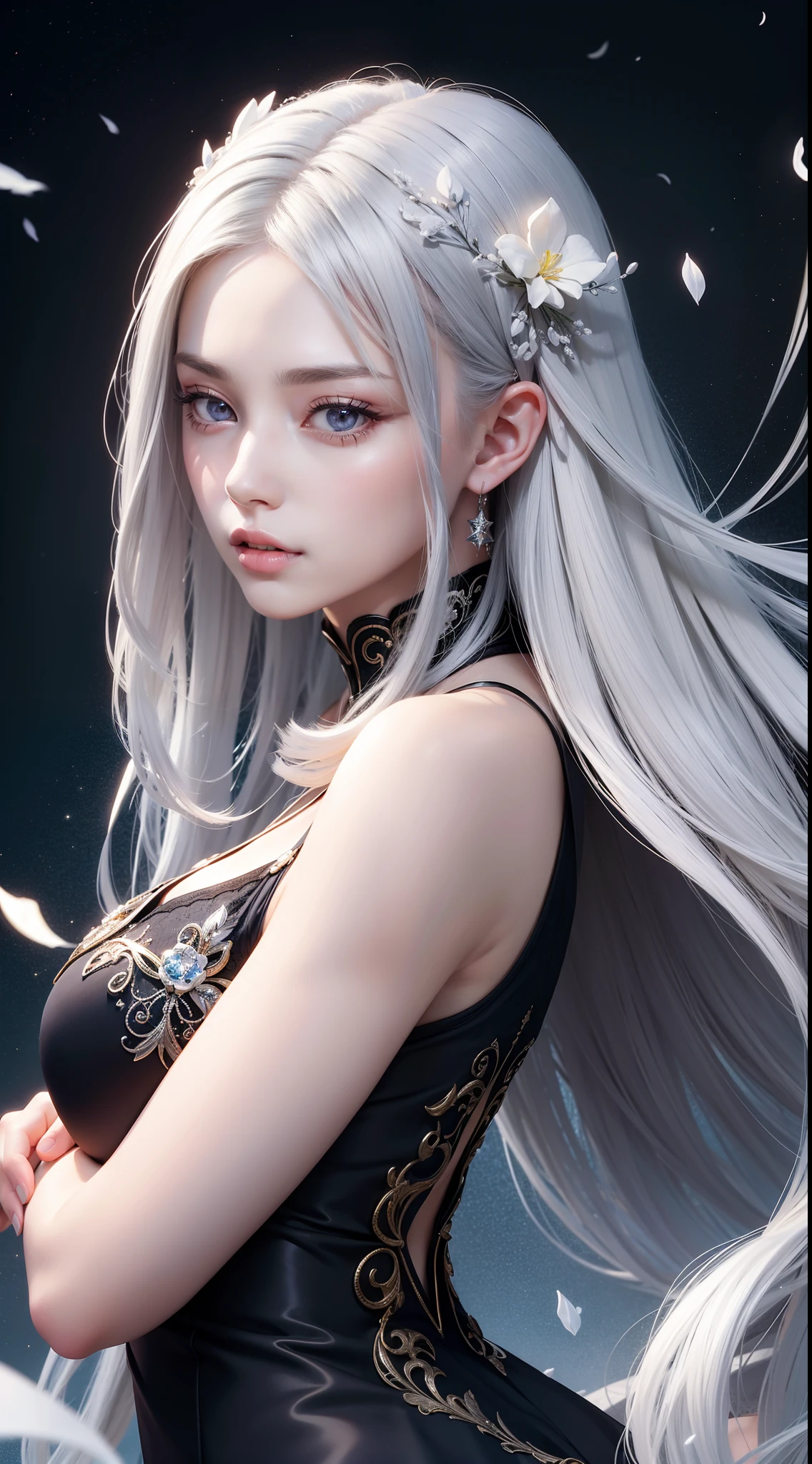 Beautiful detailed woman,very detailed eyes and faces, A detailed eye, ultra - detailed, A high resolution, The is very detailed,best qualtiy,illustratio,unified,8k 壁纸,tmasterpiece,best qualtiy,Faraway view,1girll,full bodyesbian,looki at viewer,face to the viewer,Flowing white hair,Long gray hair,black long dress,abstract backgrounds:Gorgeous,spark of light,Random dynamic pose,Surreal 8000 grams,Impeccable,tmasterpiece,professionalartwork,famousartwork,电影灯光,cinematicbloom,Perfect face,beautifulface,fanciful,dream magical,Not real,intricately details,delicate patterns