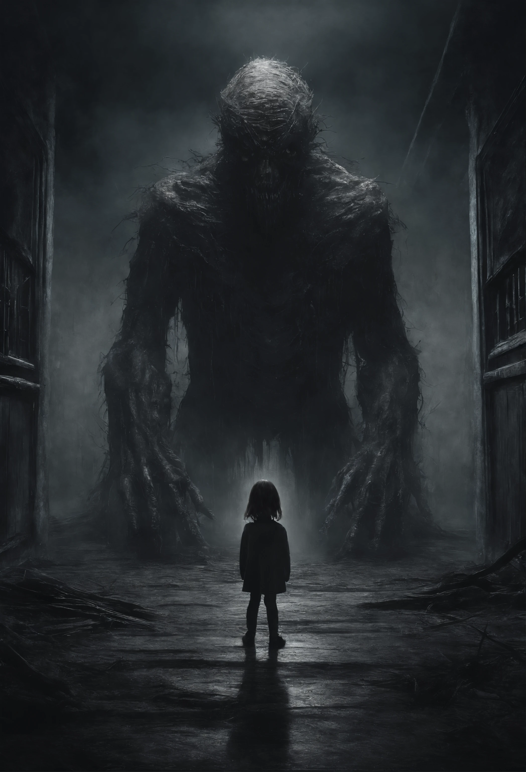 a is standing next to an image of a monster in a dark room, in the style of soft brushstroke realism, dystopian landscapes, mote kei, dark brown and gray, cabincore, drip painting, 8k resolution,