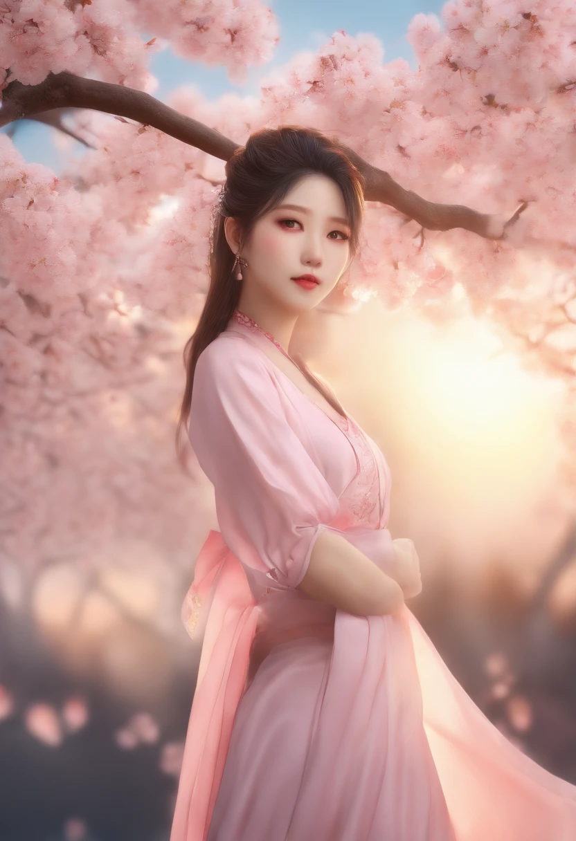 Best quality, 超高分辨率, (Photorealistic:1.4), 1girll, , Small breast,Pink , Black choker, Smile, Bare shoulders, solofocus, view the viewer,Fair skin,Sunset,cherry tree,フォトンマッピング, Physically-based rendering, RAW photo, highly detailed back ground,Kpop idol,Depth of field,Torii,Cherry blossoms,hair adornments,Detailed face,Shiny skin,Game CG,full bodyesbian,