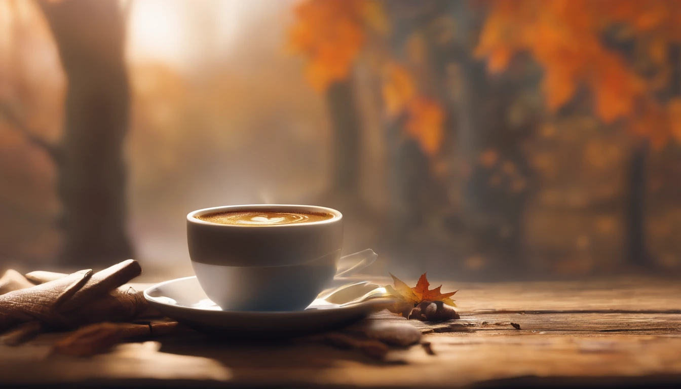Cup of coffee nestled in and on a wooden table, with a softly blurred autumn background. Perfect high quality photo, beautiful texture, 4k, high quality, UHD