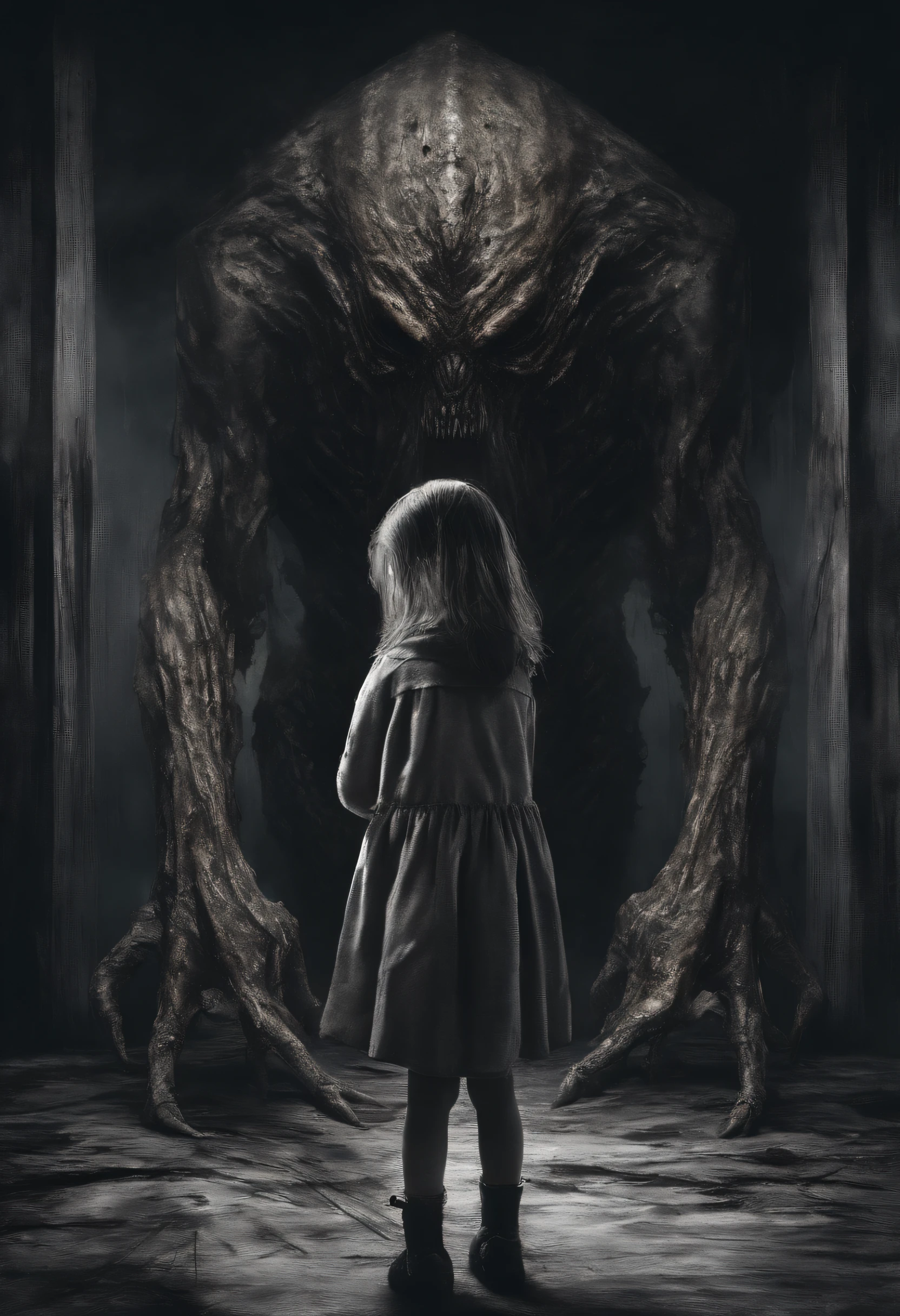 a is standing next to an image of a monster in a dark room, in the style of soft brushstroke realism, dystopian landscapes, mote kei, dark brown and gray, cabincore, drip painting, 8k resolution,