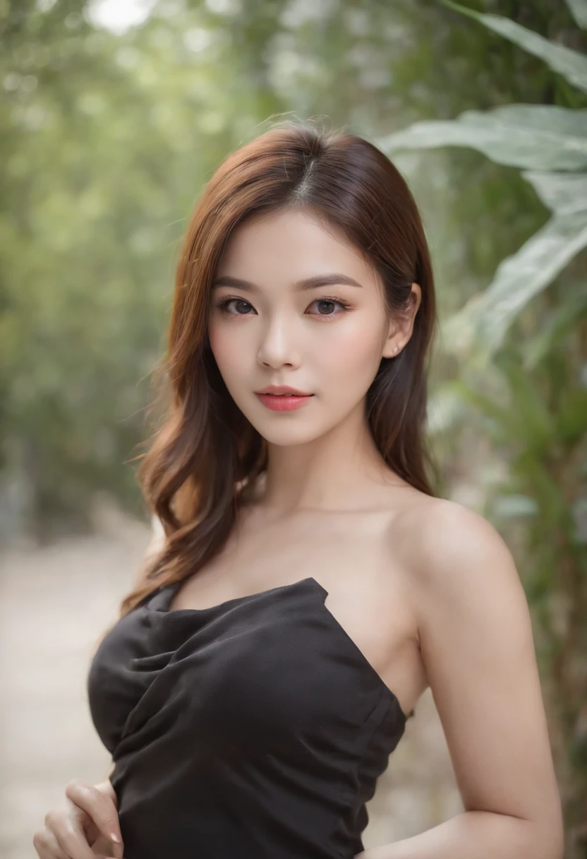 beste-Qualit, master-piece, 1girls, Exquisite Face, (Realistic visuals: 1.3), rim lighting, (high detail skin: 1.2), 10 UHD, DSLR, High Quality, high-res, 10, 10, bokeh, Absurd, The best ratio is four fingers and one thumb..., (lifelike: 1.3), Cute Girl 1, Wearing a black Thai shirt..., mediuml breasts, short skirt,Thai Silk