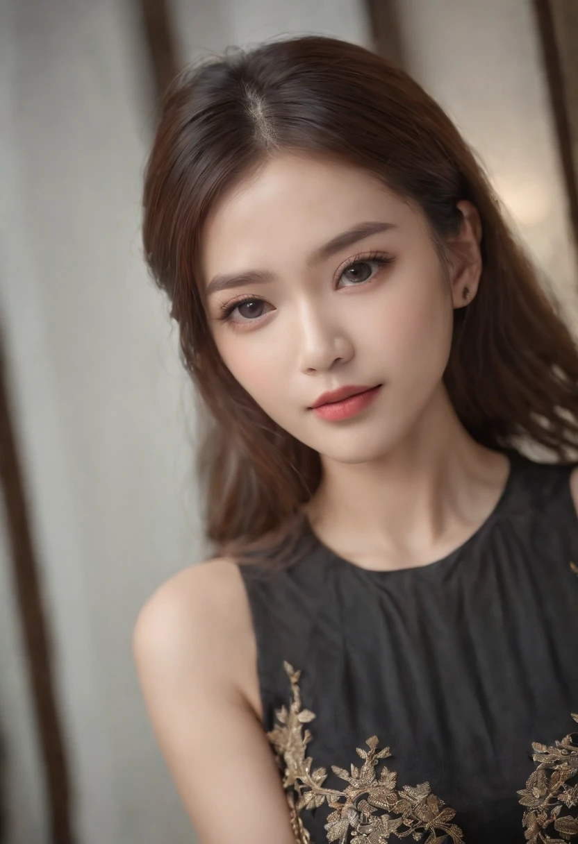 beste-Qualit, master-piece, 1girls, Exquisite Face, (Realistic visuals: 1.3), rim lighting, (high detail skin: 1.2), 10 UHD, DSLR, High Quality, high-res, 10, 10, bokeh, Absurd, The best ratio is four fingers and one thumb..., (lifelike: 1.3), Cute Girl 1, Wearing a black Thai shirt..., mediuml breasts, short skirt,Thai Silk