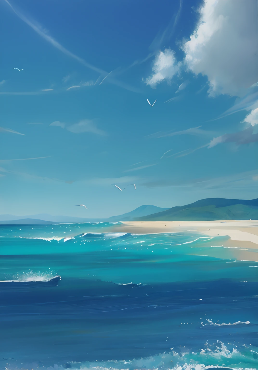 painting of a boat on the ocean with a sky background, mar brilhante, paisagem de teal, deep blue water color, horizonte turquesa, inspirado em Ian Fairweather, blue waters, oceano turquesa, turquoise water, reflexos azuis, teal sky, tons de azul, inspirado em Fitz Hugh Lane, Azure Sky, rhads aquarela, nuvens de brooding', sea and sky