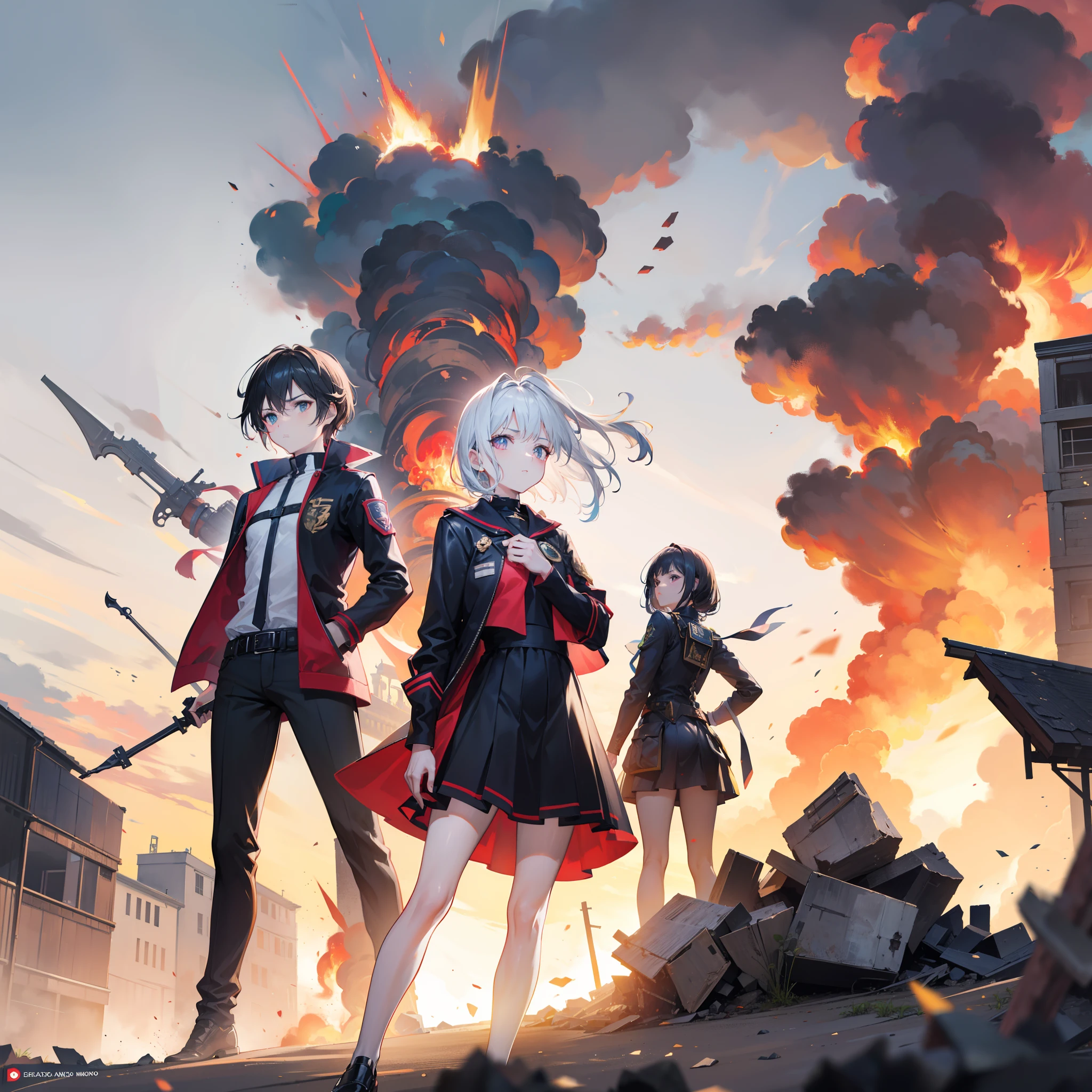 3 personagens de costas, 2 homens, 1 mulher, Protecting yourself from an explosion, small explosion, abaixados, corpos arqueados, elegante roupa, terno, vestido, personagens de costa, melhor qualidade, 4k, cinematographic scene, melhor qualidade de fundo, fundo detalhado, roubo a banco