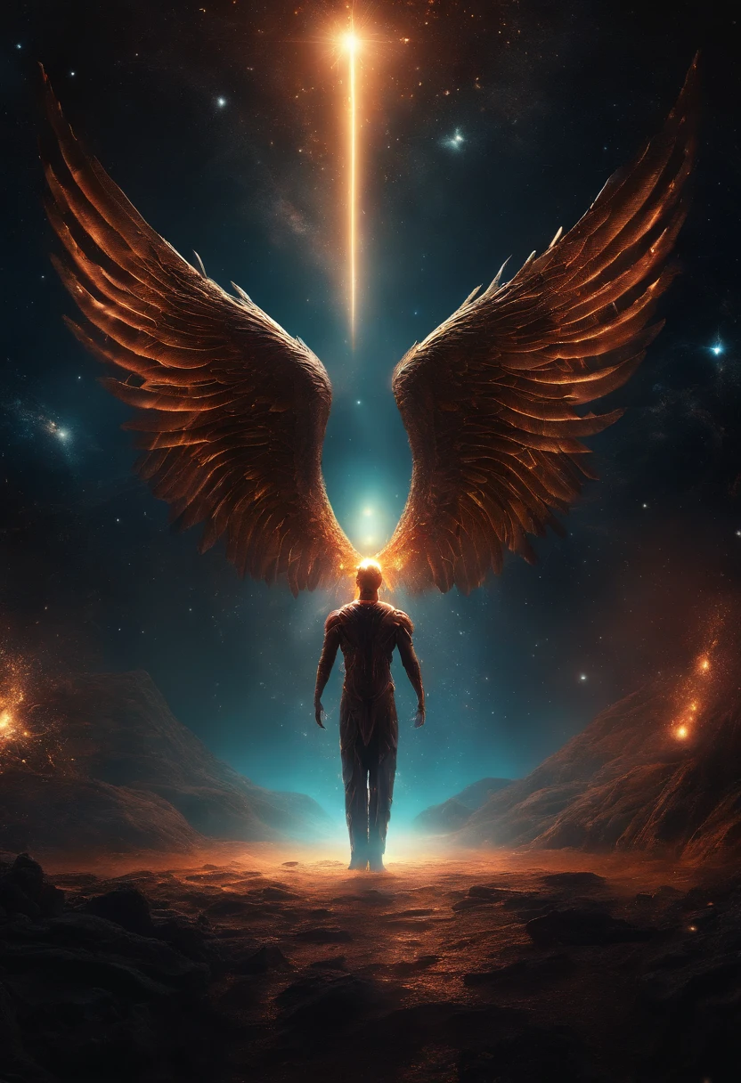 Cosmic Fallen Angel, glowing light eyes, Biomechanical, eerie, Creepy, nightmarish, Very bright colors, Light particles, with light glowing, Mshiff, wallpaper art, UHD wallpaper