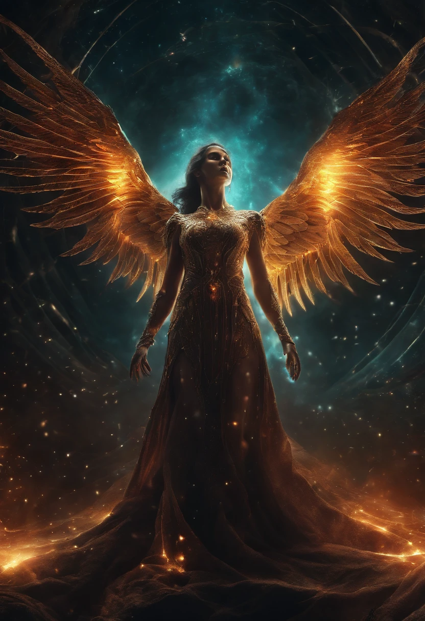Cosmic Fallen Angel, glowing light eyes, Biomechanical, eerie, Creepy, nightmarish, Very bright colors, Light particles, with light glowing, Mshiff, wallpaper art, UHD wallpaper