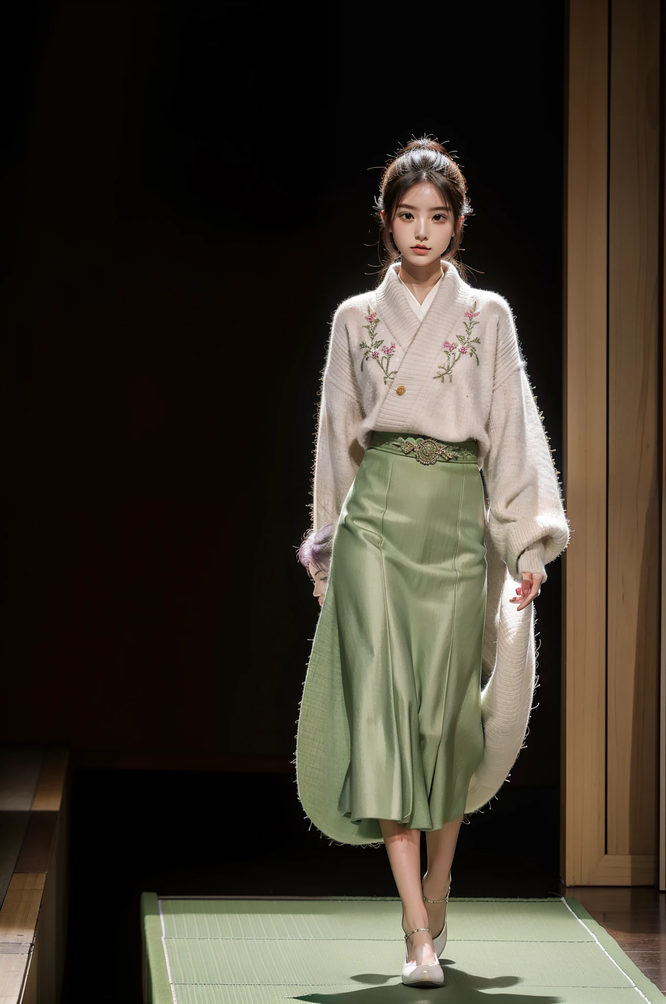 Female model with a national style，Catwalk walk，Wear a green embroidered sweater，Lilac tweed skirt，Japan kimono，The texture of the clothes is very clearly visible，Clear strands of hair