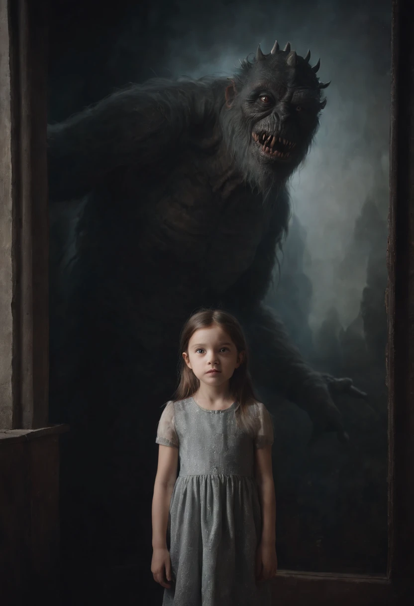 a is standing next to an image of a monster in a dark room, in the style of soft brushstroke realism, dystopian landscapes, mote kei, dark brown and gray, cabincore, drip painting, 8k resolution,
