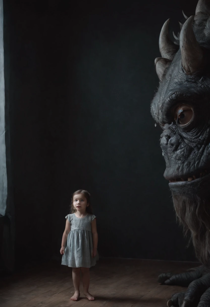 a is standing next to an image of a monster in a dark room, in the style of soft brushstroke realism, dystopian landscapes, mote kei, dark brown and gray, cabincore, drip painting, 8k resolution,