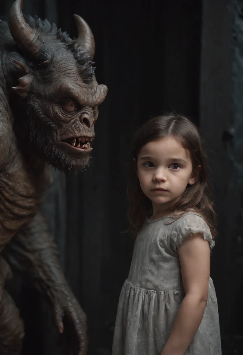 a little girl is standing next to an image of a monster in a dark room, in the style of soft brushstroke realism, dystopian landscapes, mote kei, dark brown and gray, cabincore, drip painting, 8k resolution,