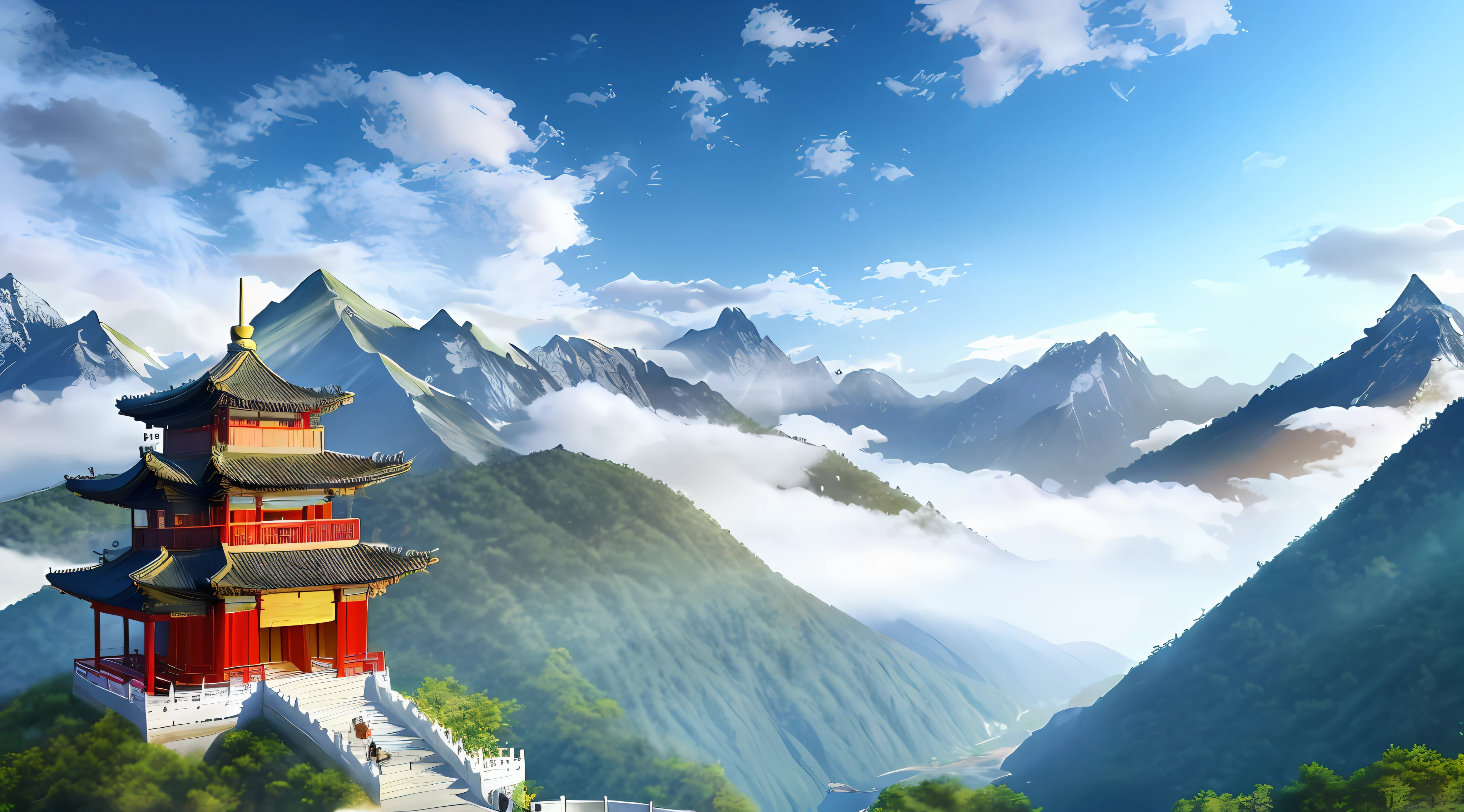 Mountains, mountains and long waters, mountains and forests, clouds, ancient Chinese palaces, sky pavilions, fairy air, mist, falling flowers, flowers and trees, colorful, fairy online games, sky, plants, sunlight, water, heavenly court