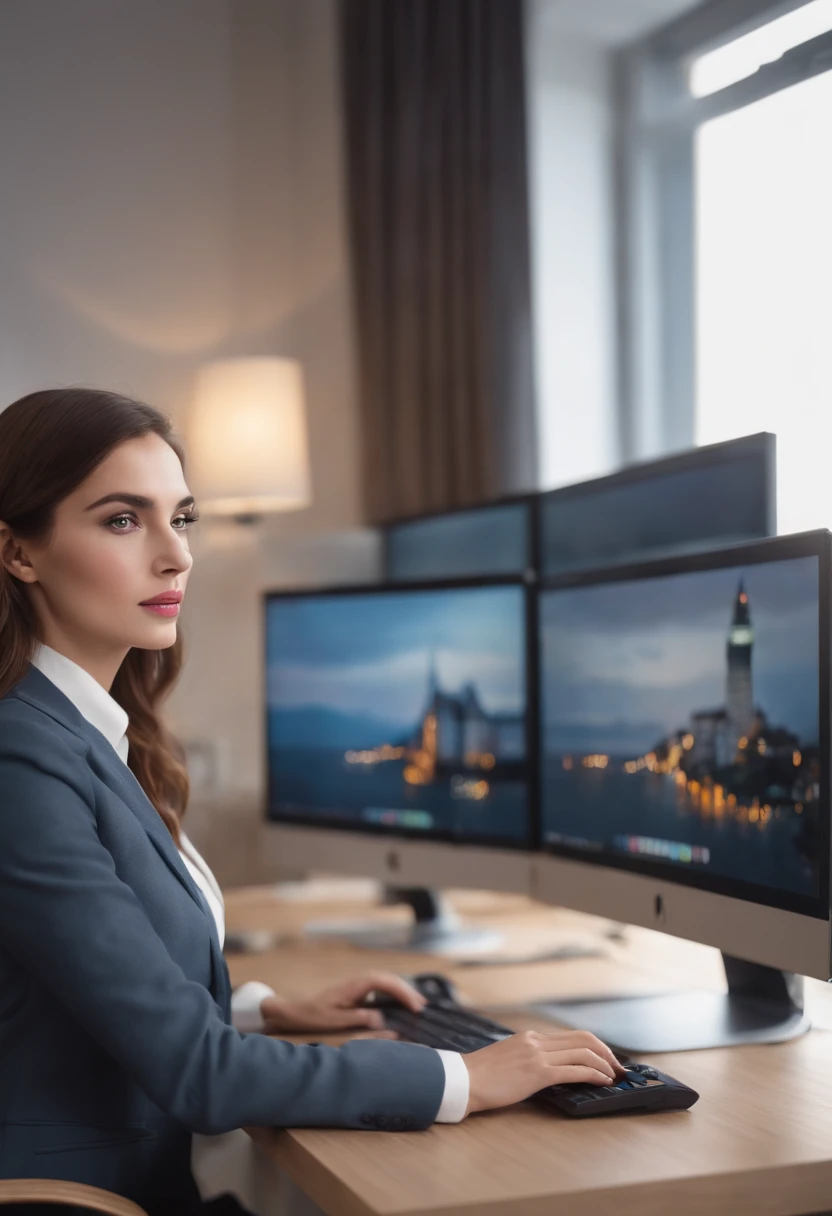 (best quality,4k,highres,masterpiece:1.2),realistic,professional,ultra-detailed,woman,sitting at the desk,American TV series playing on her computer screen,beautiful detailed eyes,beautiful detailed lips,long eyelashes,concentrated expression,modern office setting,stylish and professional outfit,comfortable office chair,state-of-the-art computer monitor,crisp and vibrant display colors,subtle backlighting,modern keyboard and mouse,additional computer peripherals,neat and organized desk setup,enjoying the show,relaxing atmosphere,soft natural lighting,calming ambiance,subtle background music,well-designed workstation.