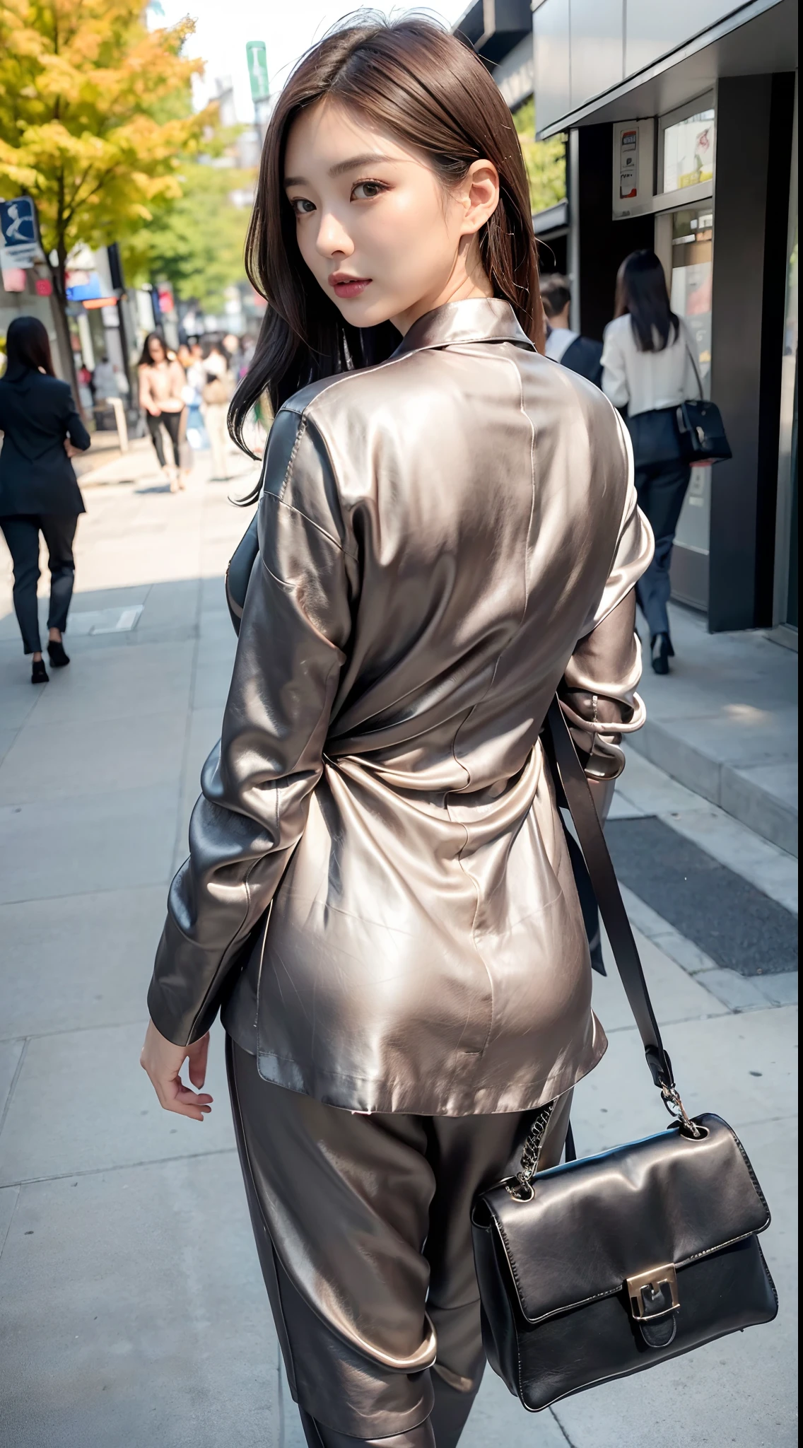 mix4, (16 K, Raw photography, Top image quality, masterpiece: 1.45), (realisitic, Photorealsitic: 1.37), one girls, 7.5, etc,cute little, A city scape,, profetional lighting, photon maping, Downtown Shibuya, physically-based renderingt, Gradient black hair,, a handsome, girl with, (((Silk and gray suit、Silk fabric pants look、Grey jacket in silk fabric))), Top Quality Photos, hight resolution, 1080p, (clearface), (Detailed face description), (Detailed hand description), (masterpiece), (Exquisite CG)、extreme light and shadows、dishevled hair、master work、abundant detail、(Fine facial features)、(top quality photo)、(masuter piece)、(A detailed eye)、Look in front of you、Fine clavicle、((Slender big))、((Silk White Blouse)))、((Sexy Idol System))、((Gingko tree-lined shopping street))、(Shooting from random perspectives)、(((Anyway cute)))、耳Nipple Ring、A big smile、Drawing the whole body from the knees、Do not draw nasolabial folds、(((Leather bag)))、Big breasts that hang down big、Big buttocks with tension、Two legs、(((facing back:1.3)))、bare hand、Blouse buttons expose cleavage without stopping、