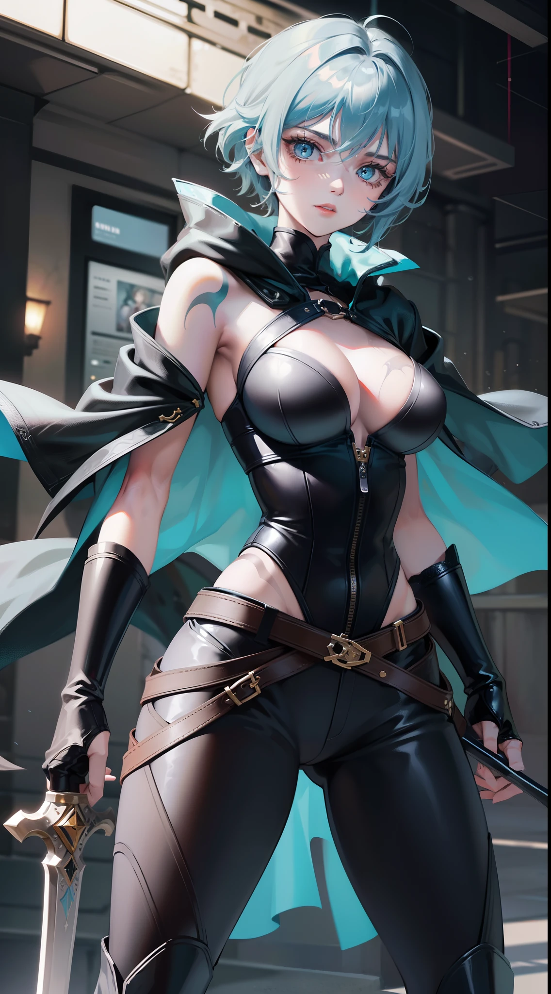 young girl, short gray hair, Tomboy, Cyan eyes, Scars, Tatoo, Blue leather cloak, breeches, two swords, open breasts, Masterpiece, hiquality, 4k, HD, Good detail