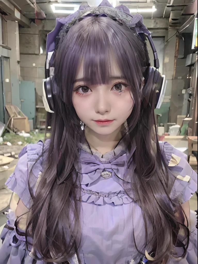 8K, Raw photo, Photorealistic, Realistic, (Detailed skin, Best Quality:1.2), (sweetlolita dress, full body shot),  girl, (purple long hair, long_hime_cut_hairstyle:1.2), (Baby far skin), (in the abandoned theater:1.1), sneakers, wearing headphones