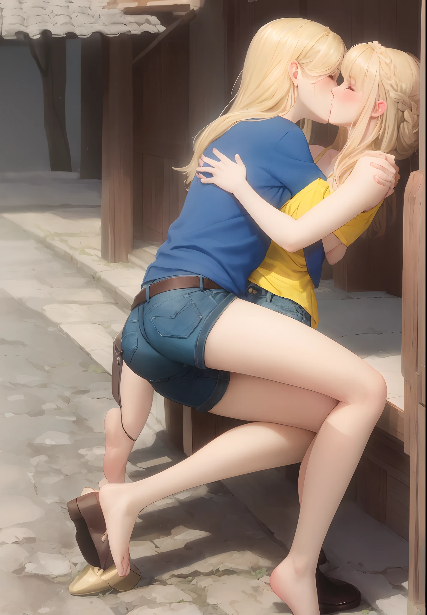 A Russian girl wearing red blue and white cloths kissing a Ukrainian girl wearing blue shorts and a yellow shirt