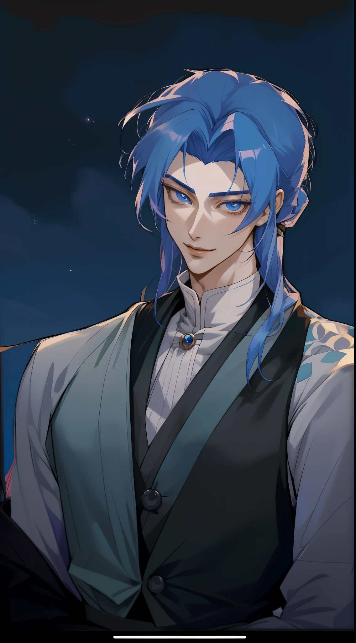 a close up of a man in a shirt and vest looking at the camera, moon behind him, delicate androgynous prince, handsome prince, anime handsome man, handsome guy in demon slayer art, charming sly smile, inspired by Bian Shoumin, manhwa, tall anime guy with blue eyes, beautiful androgynous prince, heise jinyao, extremely handsome