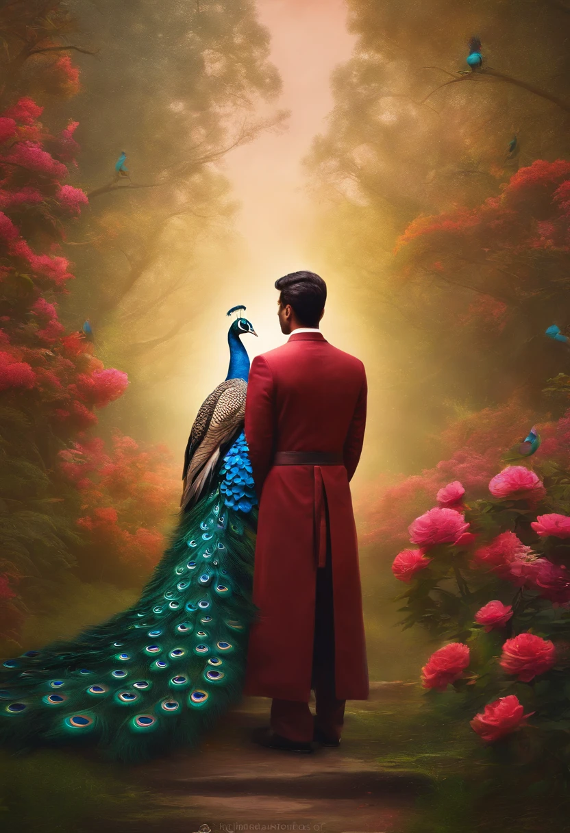 there is a man standing in front of a peacock painting, archan nair, profile picture 1024px, avatar image, photo manipulation, portait photo profile picture, artistic pose, profile pic, photoshop art, inspired by Saurabh Jethani, professional photoshop artwork, very artistic pose, stylized digital art, hindu aesthetic, discord profile picture