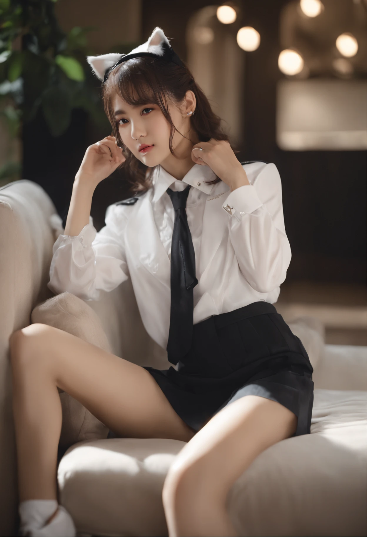 ((top-quality, 11, master-piece: 1.3)), crisp focus: 1.2, A beautiful woman with a perfect body.: 1.4, Slender abs: 1.2, ((Long wavy hair)), ((small: 1.4)), ((K-pop idol: 1.3)), ((sweaty: 1.4)), (((High School Uniform 1.5)), (White sofa), Highly detailed face and skin, highly detail eyes, 二重まぶた, ((posture)), (enchant)), Wet and glossy skin, ((heat: 1.6)),Wear cat ears..
