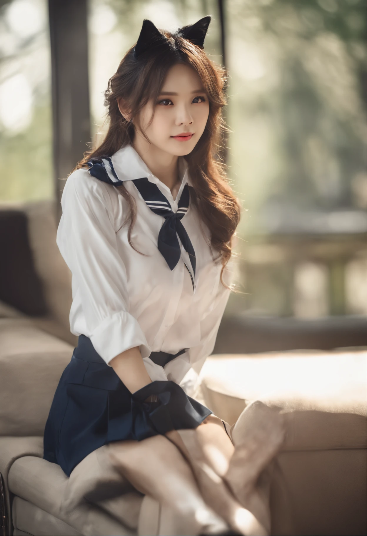 ((top-quality, 11, master-piece: 1.3)), crisp focus: 1.2, A beautiful woman with a perfect body.: 1.4, Slender abs: 1.2, ((Long wavy hair)), ((small: 1.4)), ((K-pop idol: 1.3)), ((sweaty: 1.4)), (((High School Uniform 1.5)), (White sofa), Highly detailed face and skin, highly detail eyes, 二重まぶた, ((posture)), (enchant)), Wet and glossy skin, ((heat: 1.6)),Wear cat ears..