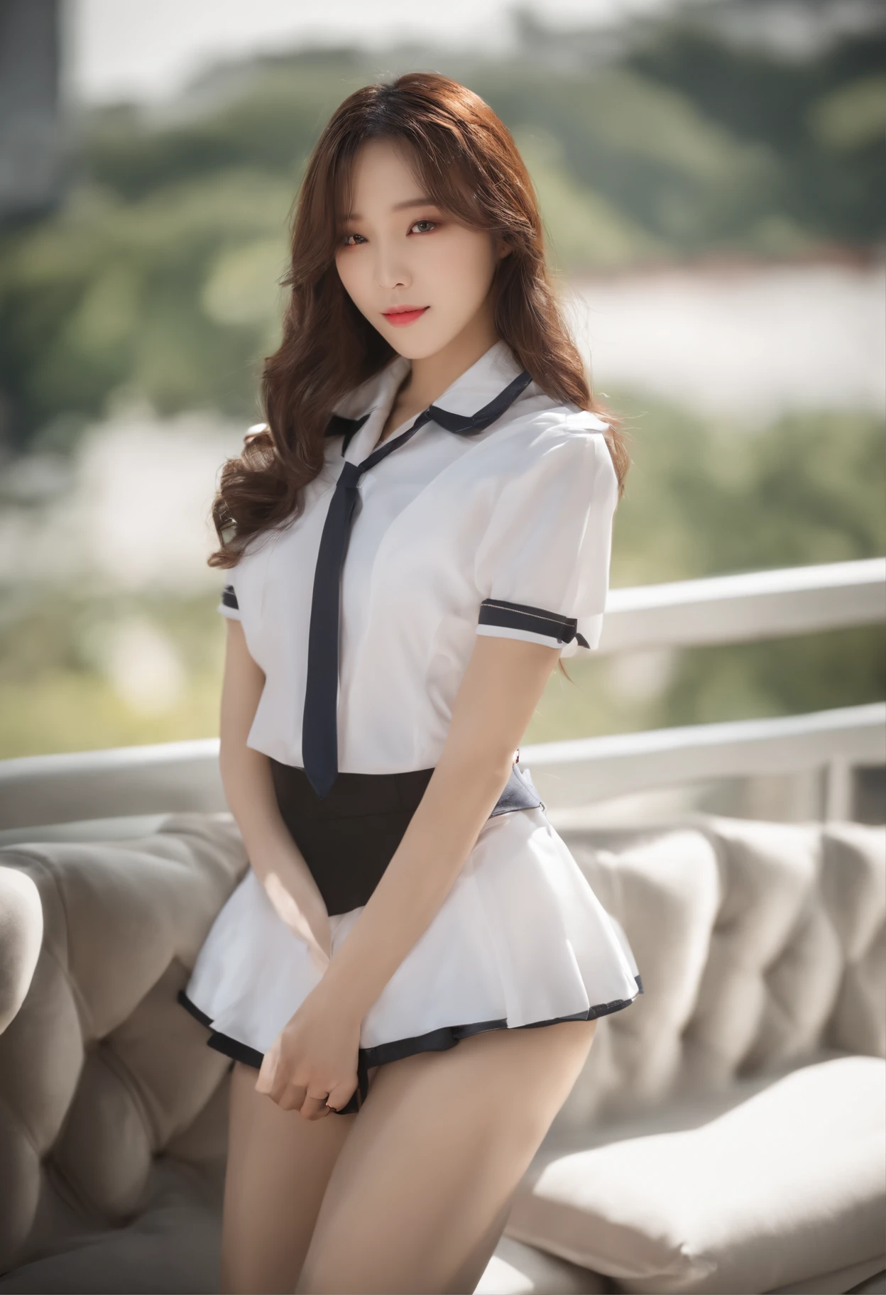 ((top-quality, 11, master-piece: 1.3)), crisp focus: 1.2, A beautiful woman with perfect body: 1.4, Slender abs: 1.2, ((Long wavy hair)), ((small: 1.4)), ((K-pop idol: 1.3)), ((sweaty: 1.4)), (((High School Uniform 1.5)), (White sofa), Highly detailed face and skin, highly detail eyes, 二重まぶた, ((posture)), (enchant)), Wet and glossy skin, ((heat: 1.6)), (spread legs))