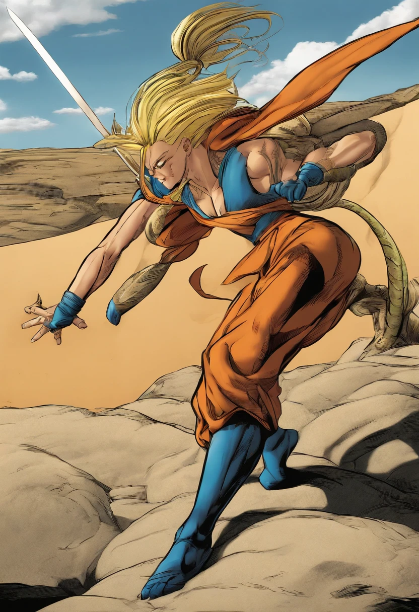 Dragon Ball manga storyboard，Earth Warrior Woman，Combat posture，tightsuit，The beautiful，scenecy，Comic book style