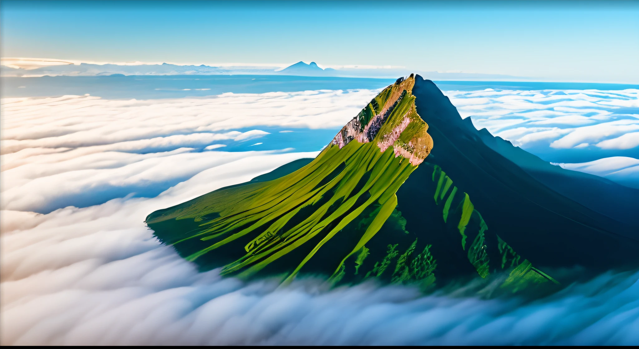 Photograph of a composition with a bird's-eye view of five mountain peaks on a green island covered with vegetation floating in a sea of clouds --auto