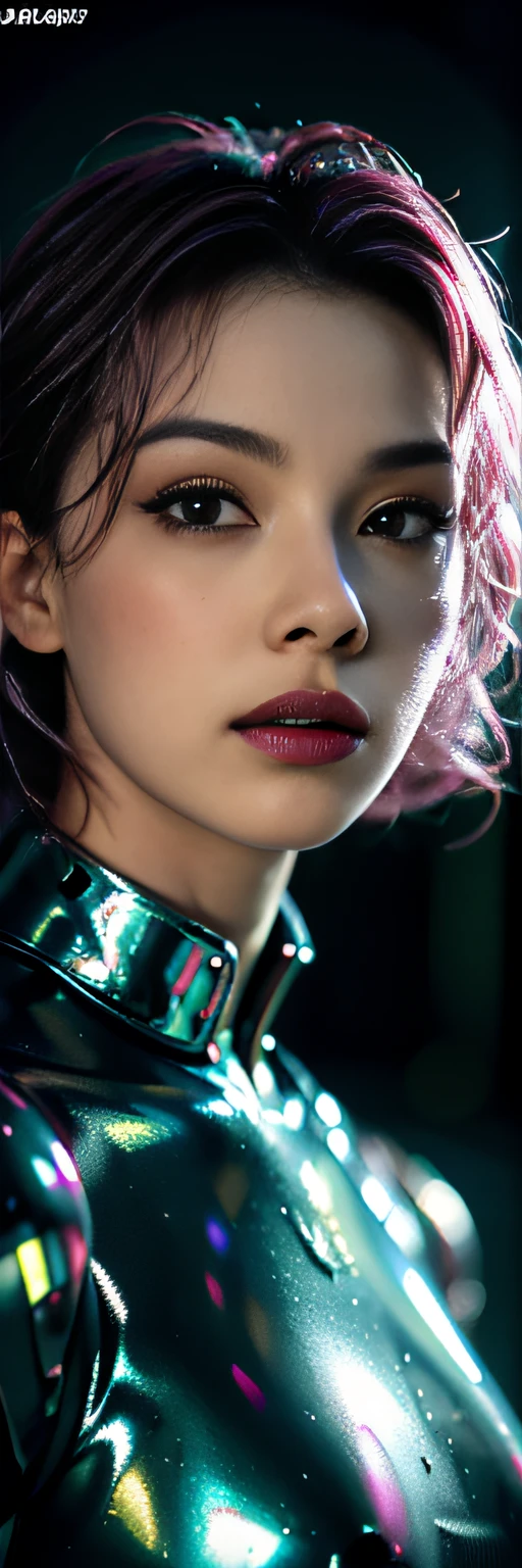 "obra-prima, melhor qualidade, 1garota, retrato de corpo inteiro, pose sensual, olhos azuis, cabelo multicolorido+prata:1.3+vermelho:1.2+roxo+amarelo:1.3+verde:1.3, pernas esculpidas e curvas tentadoras, seios fartos, rosto bonito, many drops of water, nuvem, Twilight, plano aberto, Aquarela, Neon light:1.2, noite:1.5, Mecha, beautiful  lighting, luz neon brilhante: 1.2, unforgettable mysterious night: 1.5"