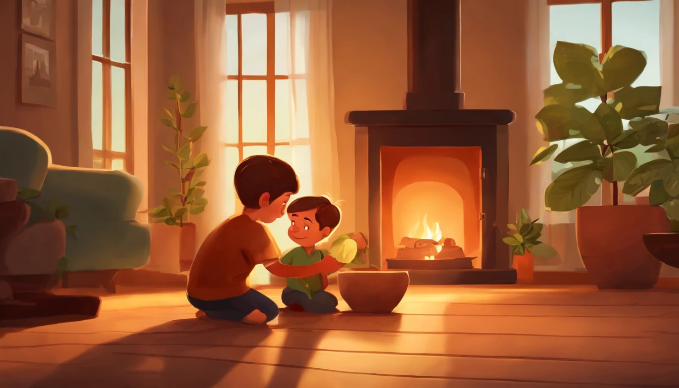 A warm scene of a boy sitting on the living room floor next to his grandfather. They are in front of a lit fireplace, casting a soft and cozy glow in the room. Each of them is holding a pot containing a small tree sapling with cartoon-like features. The boy and the grandfather are looking at the saplings with expressions of admiration and smiles on their faces. The room is decorated with comfortable furniture, and the fireplace is creating a pleasant ambiance. It's a scene that conveys the special bond between generations and the importance of nurturing growth, even in the face of challenges.