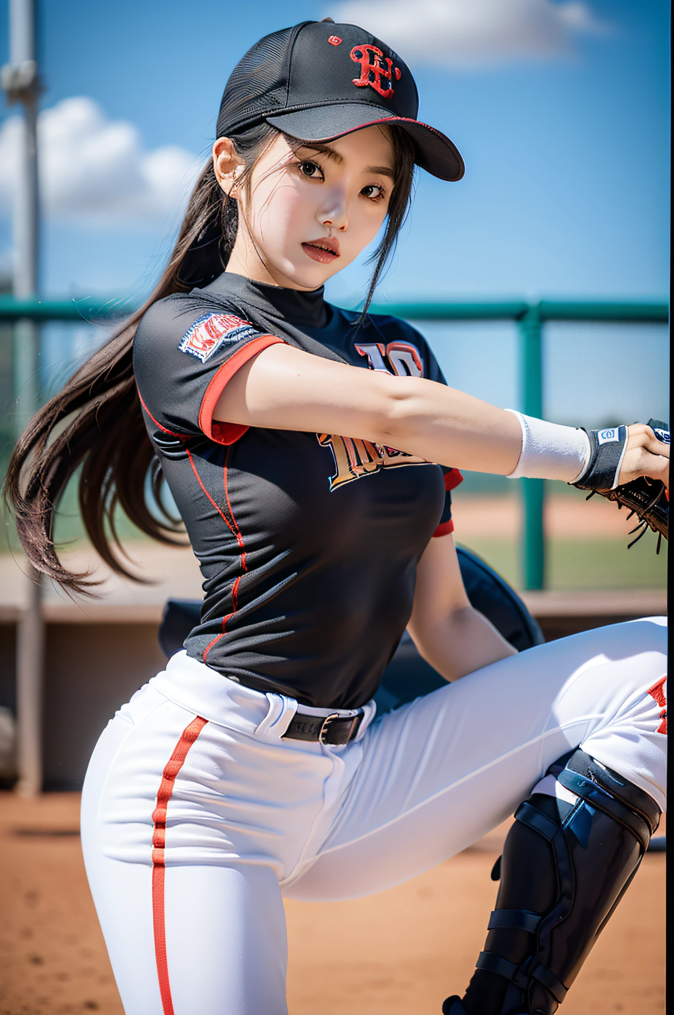 Vivid depiction of "Eri Kamei" Embrace the Spirit of Baseball. She shows off her athletic physique in a fitted team jersey, baseball pants, and High Socks. Important features like cleats, Baseball Cap, And the gloves are transparent. She has a calm posture, Have either a bat or a ball, Inspiring confidence in Major League Baseball players. Protective equipment such as elbow and shin guards add realism. Images should be of the highest quality, Capturing the essence of a major leaguer with the charm of an idol. Use Sony Alpha a9 II mirrorless camera, FE 24-70mm f/2.8 GM Lenses, Resolution 24.2 megapixels, ISO sensit: 204,800, Shutter Speed 1/32000 seconds - AR 16:9 - V5.1 --Style raw --Q 2 --S 750.