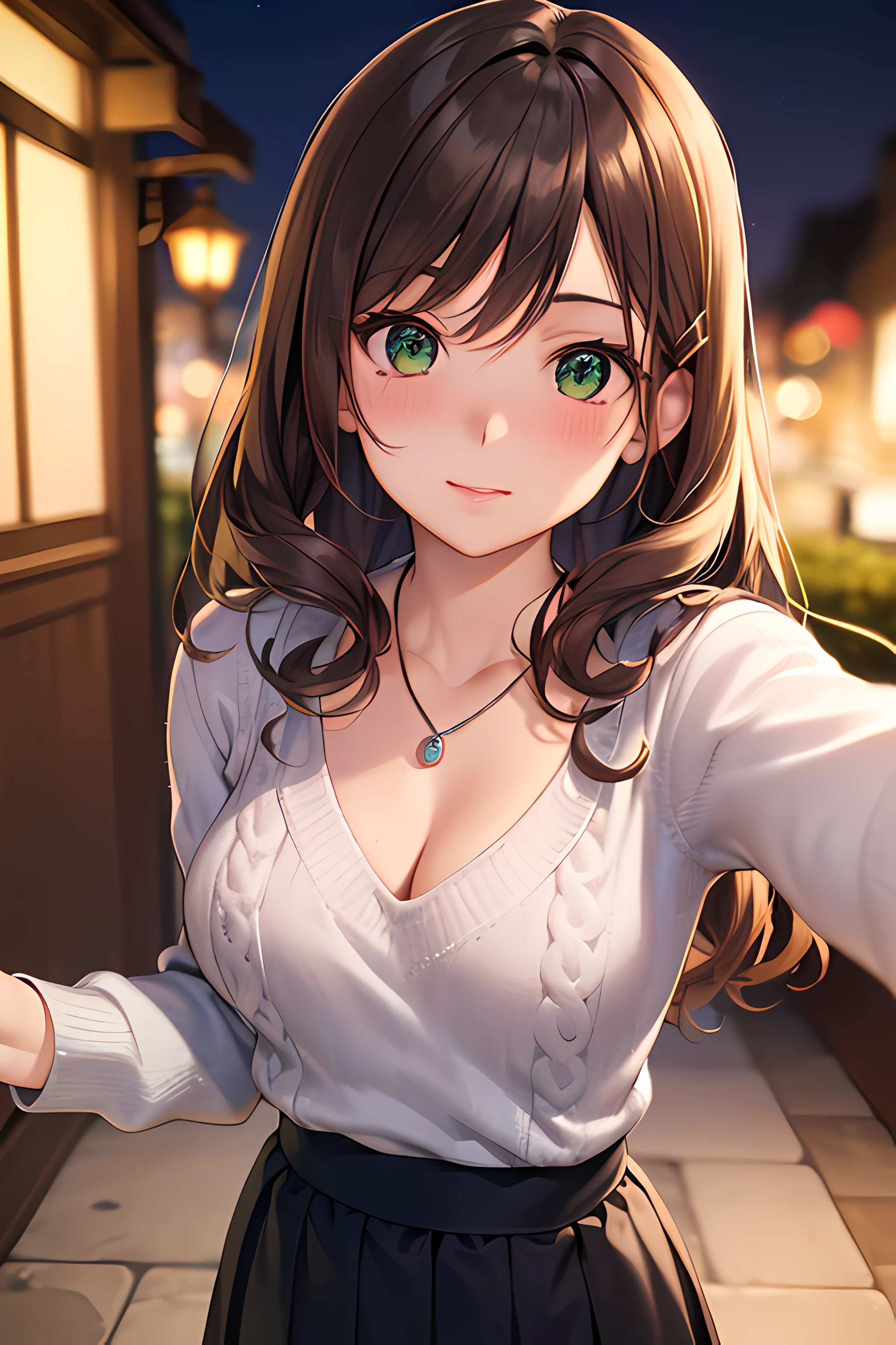 ((masterpiece, best quality, highres, UHD, perfect pixel, depth of field, 4k, RTX, HDR))), 1girl, single, solo, beautiful anime girl, beautiful artstyle, anime character, 24 years old, ((long hair, bangs, dark brown hair, curly hair:1.4, hair pin)), ((detailed face, blushing:1.2)), ((green eyes:1.8, sparkling effect)), ((smooth texture:0.75, realistic texture:0.5, anime CG style)), ((medium breasts, cleavage)), indoor, dynamic angle, busty, perfect body, ((close up, POV, cute, shot on face)), ((casual clothes, white sweater, skirt, the bra is visible from inside the sweater, sliver necklace)), natural light