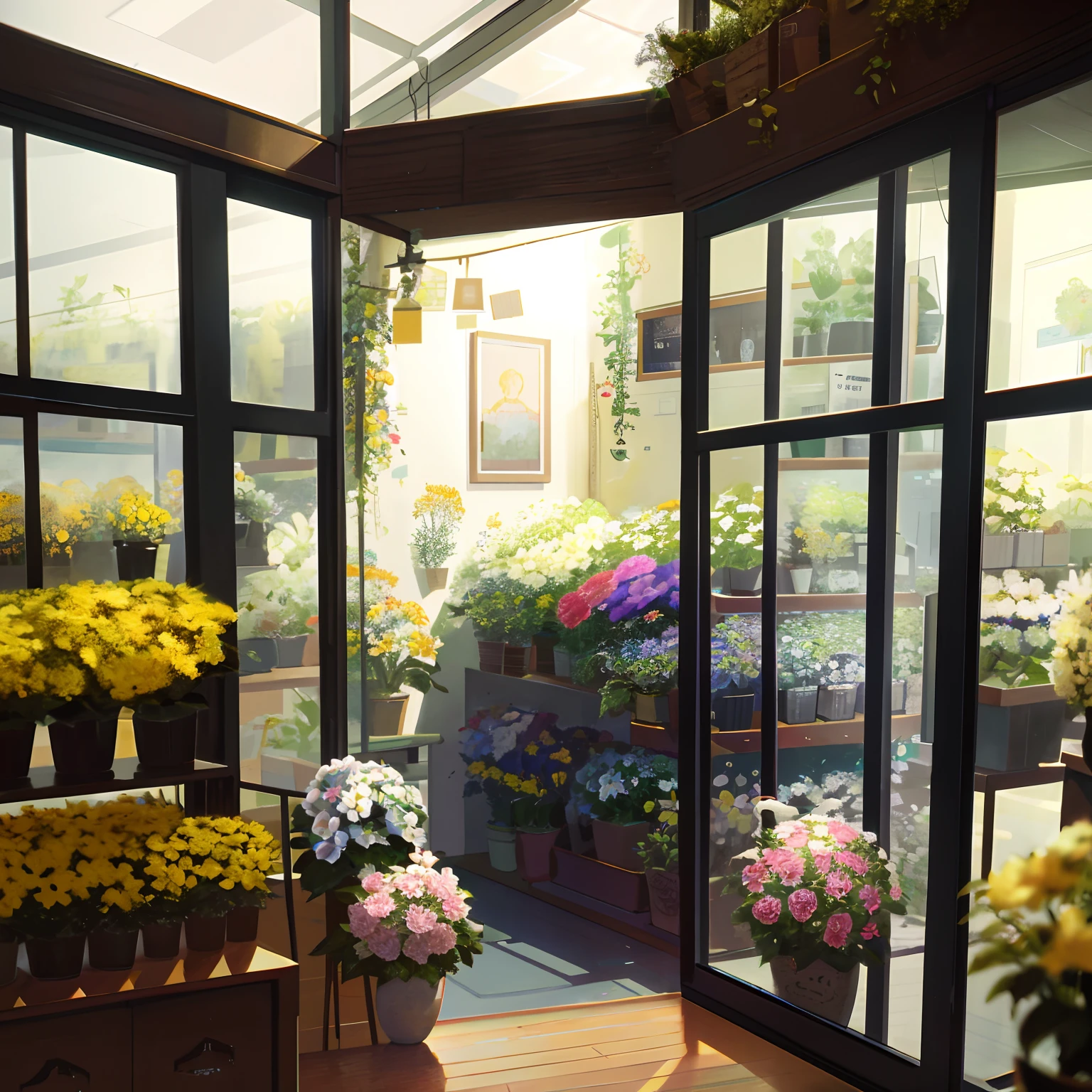 indoors, floral, flower_shop, cute, interior, idyllic, sublime, absurdres, hyper-realism, textured, maximum_detail, dslr