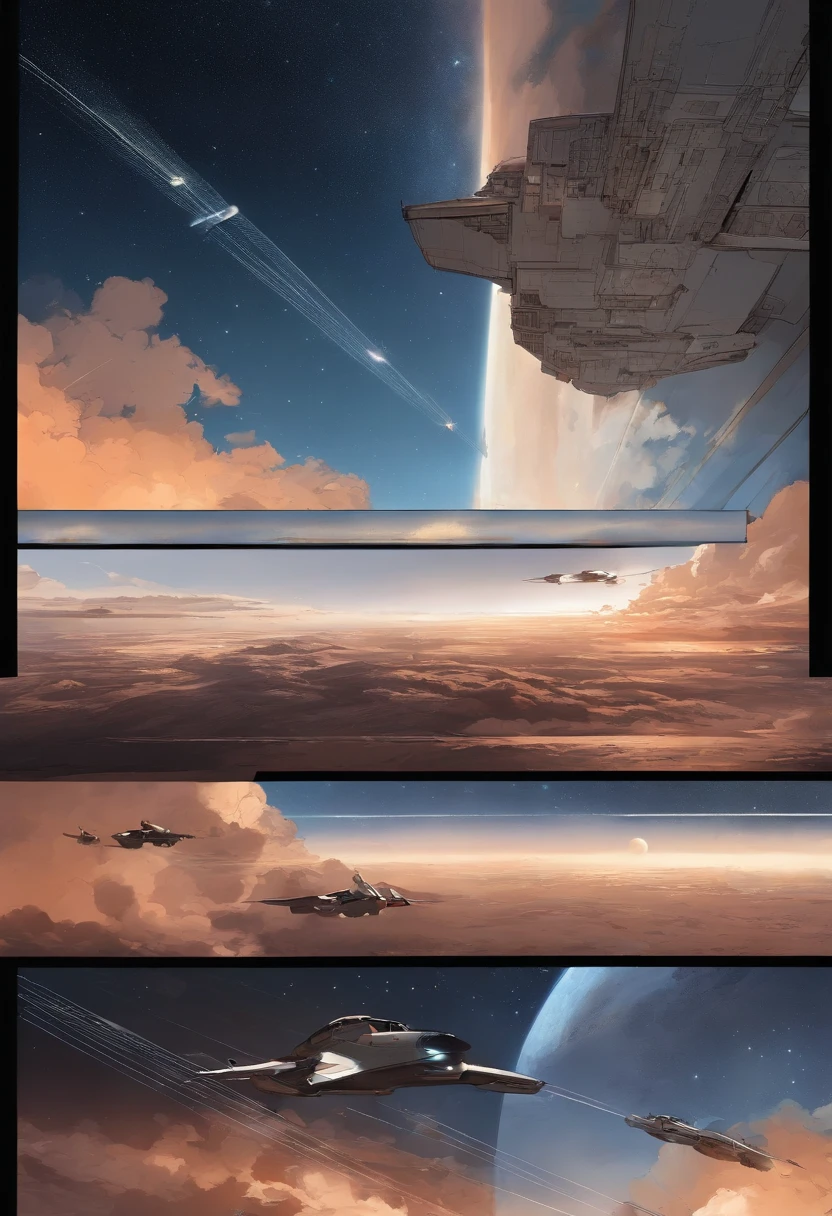 Comic book storyboard,space opera,epic,starrysky,Different stages of aircraft propulsion,People looking up at the sky,Manhwa Style