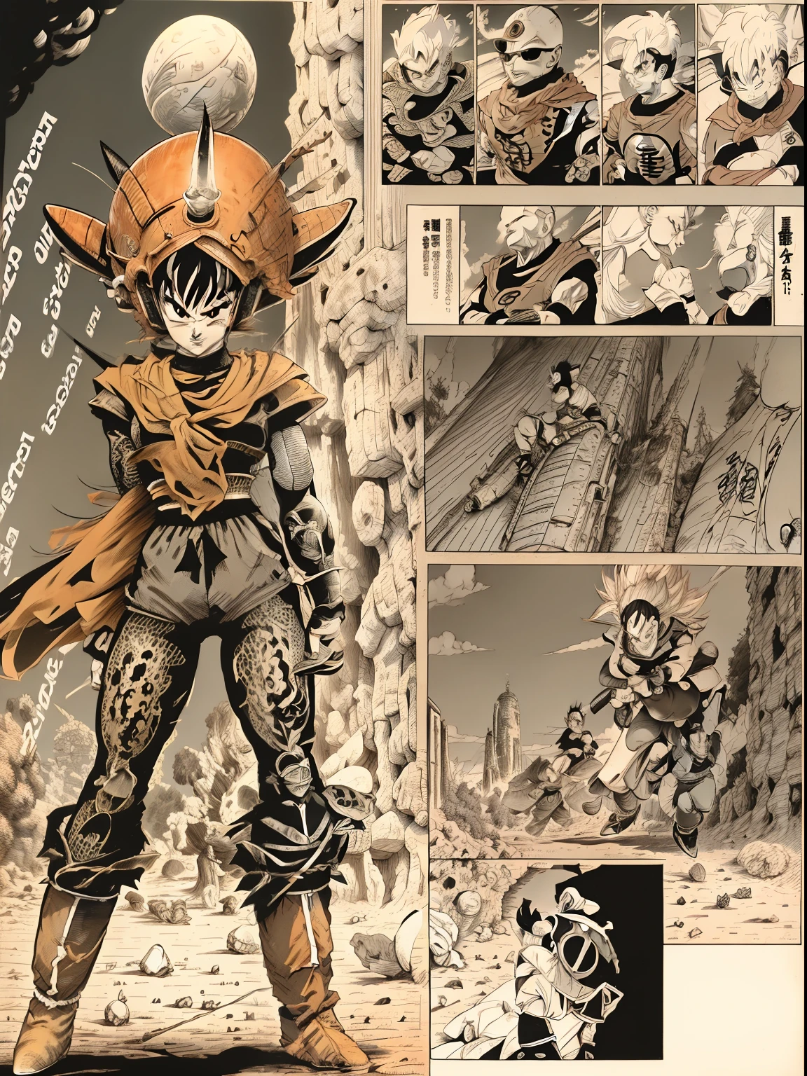 Dragon Ball manga storyboard，Earth Warrior Woman，Combat posture，tightsuit，The beautiful，scenecy，Comic book style