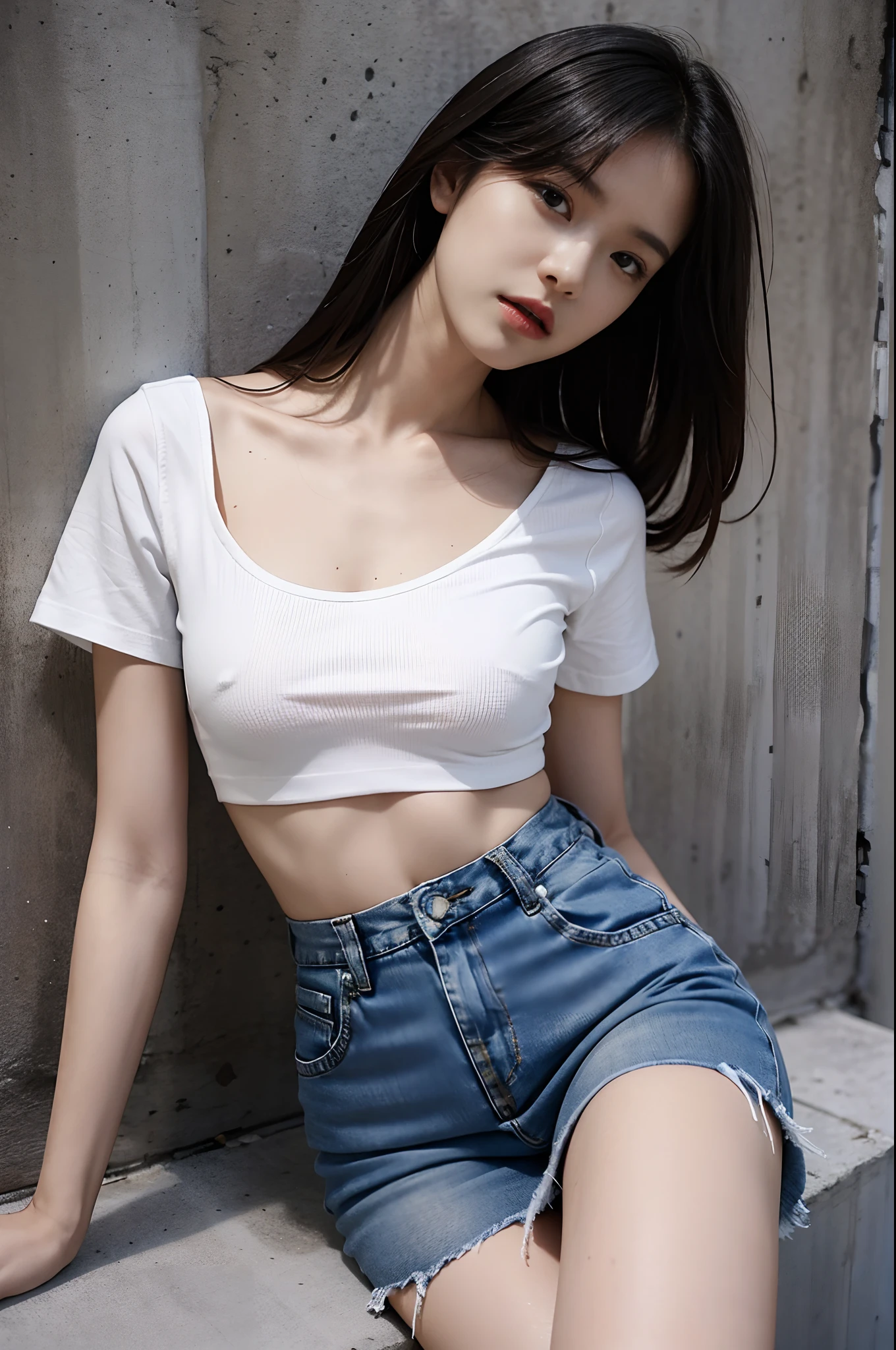 Girl in white bra and tight denim skirt posing for photo, full body, with cropped T-shirt, bra, slim body, smaller bust, slim girl model, 24-year-old female model, lying on the construction site, a group of black men onlooking