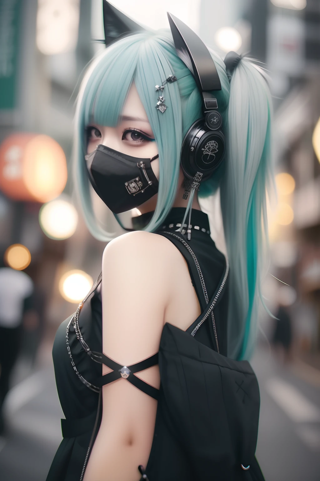 miku hatsune、Sleeveless、head phone、Green hair、Green-haired、goth_punk, 1girl in, 独奏, medium shot, Walking in Harajuku, ((during night)), bokeh dof, Neon light, Iridescent eyes, starrysky, Black shiny hair, White eyebrows, Radiant hair, (iridescent red hair), 耳Nipple Ring, bangss, jewely, masks, bluntbangs, verd s eyes, Mouth mask, blurry backround, bblurry, hair adornments, Look at viewers, shorth hair, portraitures, side locks