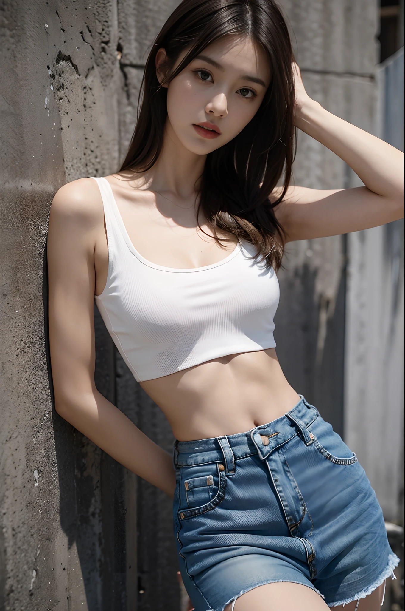 Girl in white bra and tight denim skirt posing for photo, full body, with cropped T-shirt, bra, slim body, smaller bust, slim girl model, 24-year-old female model, lying on the construction site, a group of black men onlooking