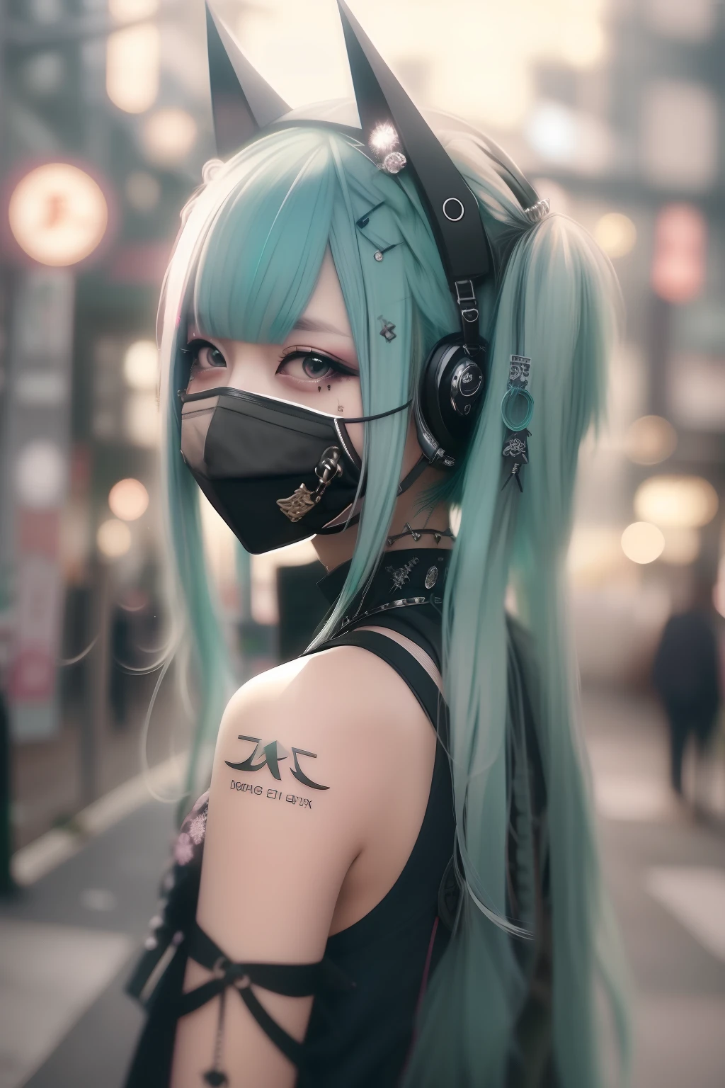 miku hatsune、Sleeveless、head phone、Green hair、Green-haired、goth_punk, 1girl in, 独奏, medium shot, Walking in Harajuku, ((during night)), bokeh dof, Neon light, Iridescent eyes, starrysky, Black shiny hair, White eyebrows, Radiant hair, (iridescent red hair), 耳Nipple Ring, bangss, jewely, masks, bluntbangs, verd s eyes, Mouth mask, blurry backround, bblurry, hair adornments, Look at viewers, shorth hair, portraitures, side locks